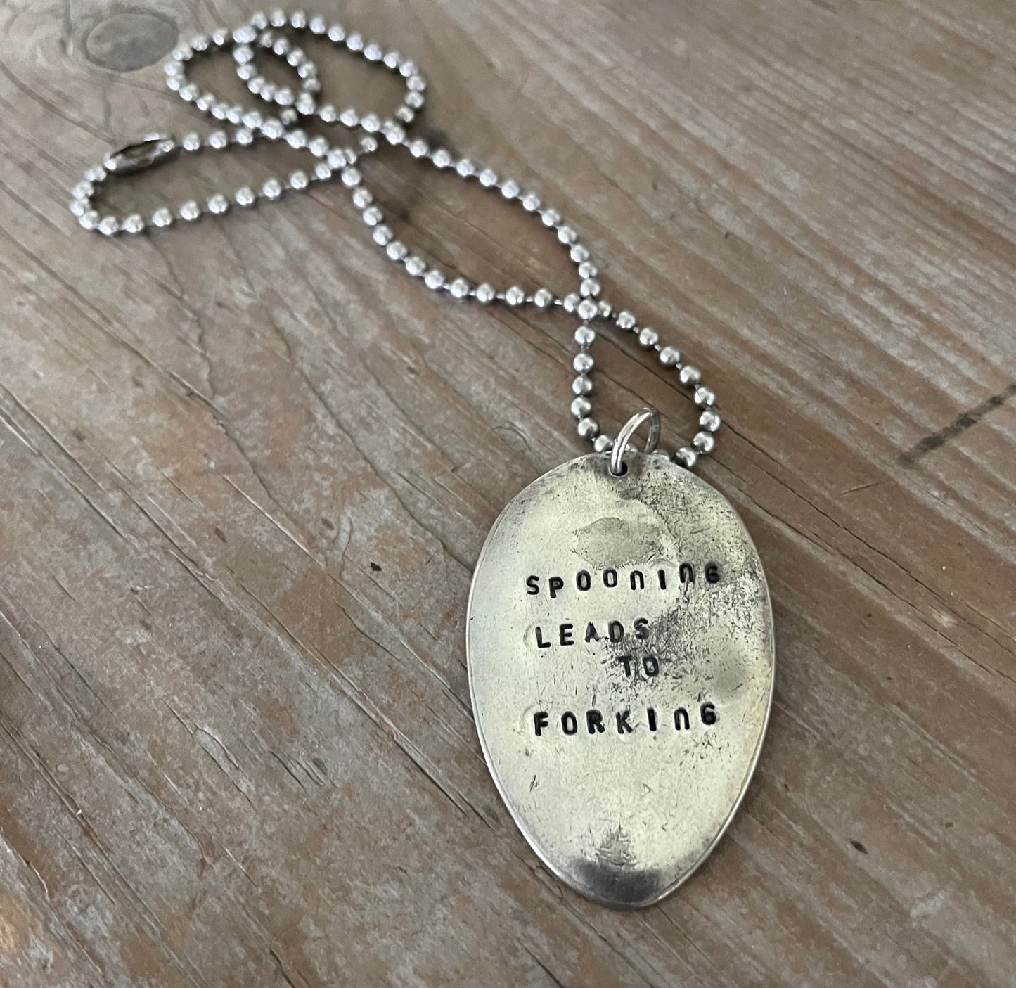 Handcrafted SPOONING LEADS TO FORKING stamped spoon necklace on vintage 1970s ball chain, sassy upcycled silverware jewelry