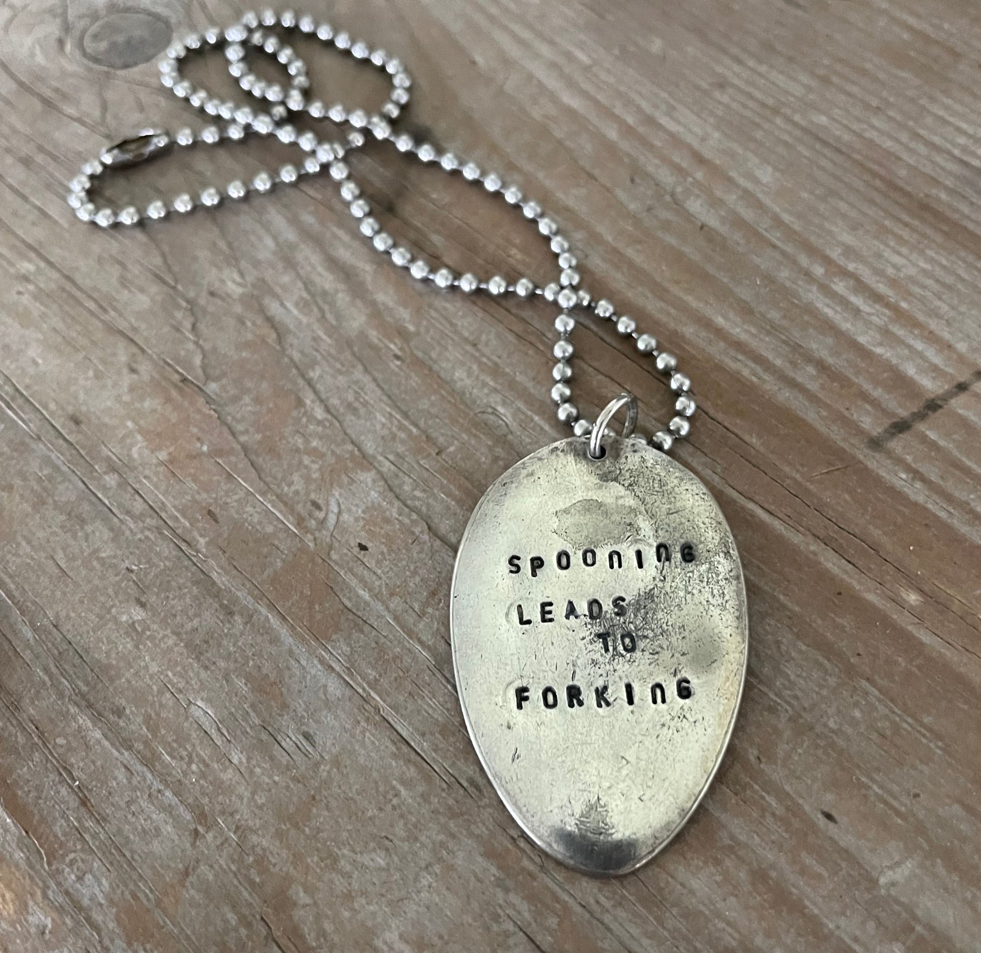 Handcrafted SPOONING LEADS TO FORKING stamped spoon necklace on vintage 1970s ball chain, sassy upcycled silverware jewelry