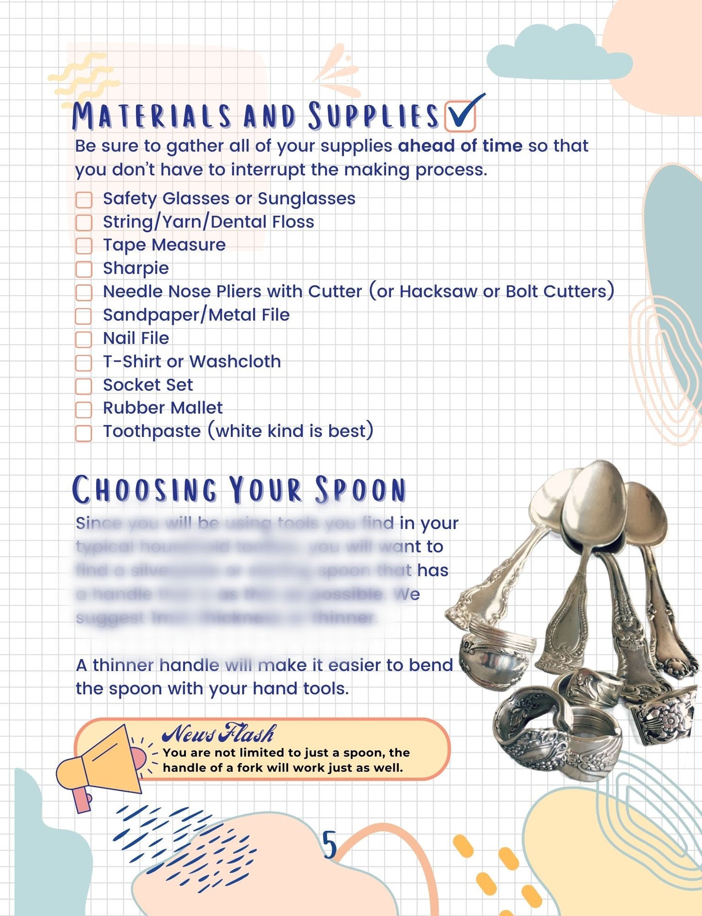 Spoon ring making guidebook with suggested tools and supplies - DIY silverware jewelry tutorial book