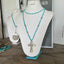 Silverware Cross Necklace on Long Necklace of Turquoise Glass Beads - #4124