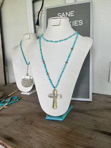 Silverware Cross Necklace on Long Necklace of Turquoise Glass Beads - #4124