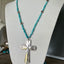 Silverware Cross Necklace on Long Necklace of Turquoise Glass Beads - #4124