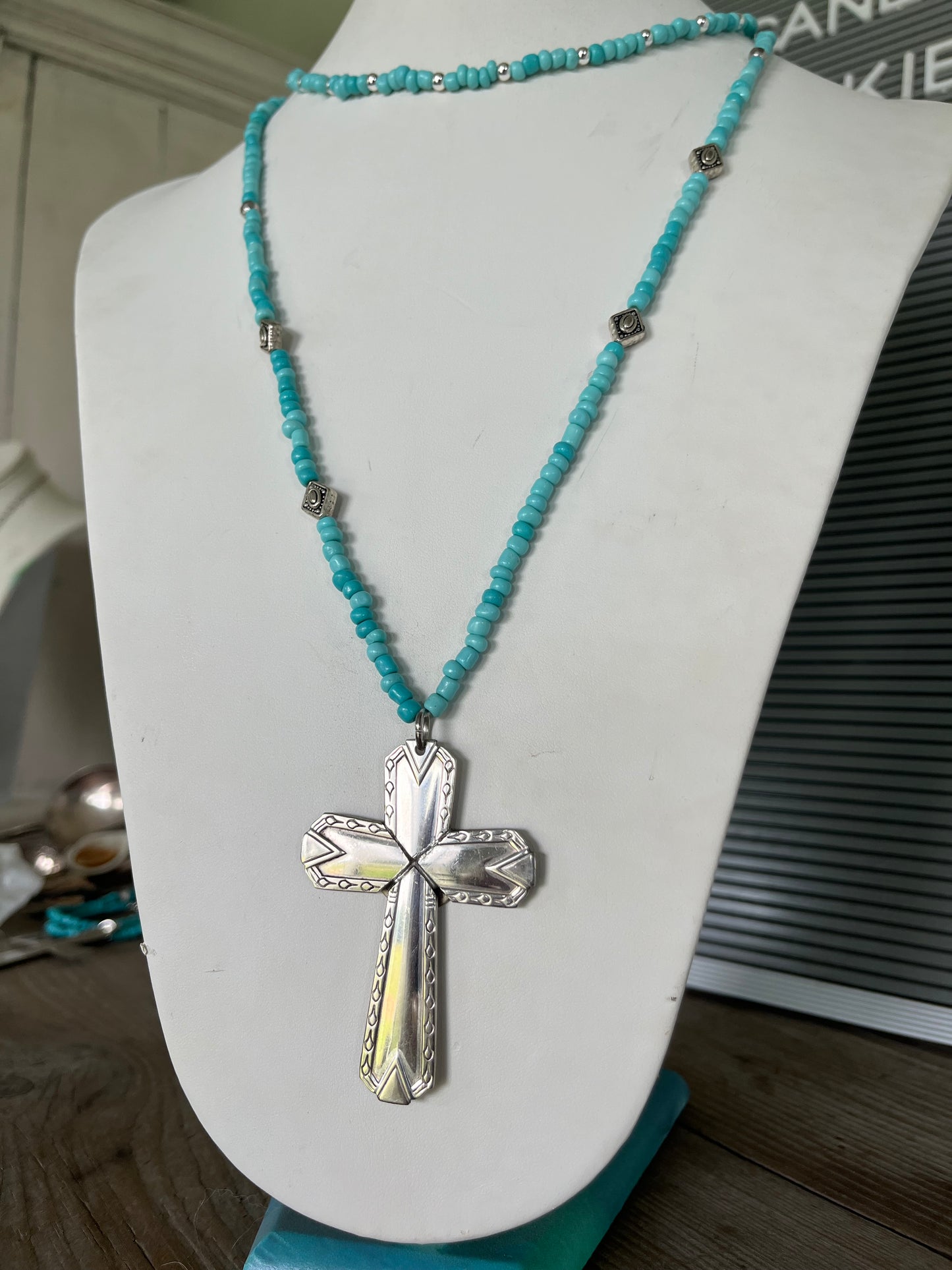 Silverware Cross Necklace on Long Necklace of Turquoise Glass Beads - #4124