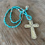 Silverware Cross Necklace on Long Necklace of Turquoise Glass Beads - #4124