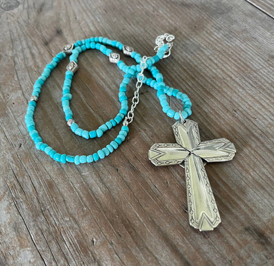 Silverware Cross Necklace on Long Necklace of Turquoise Glass Beads - #4124