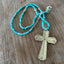 Silverware Cross Necklace on Long Necklace of Turquoise Glass Beads - #4124