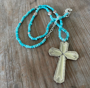 Silverware Cross Necklace on Long Necklace of Turquoise Glass Beads - #4124