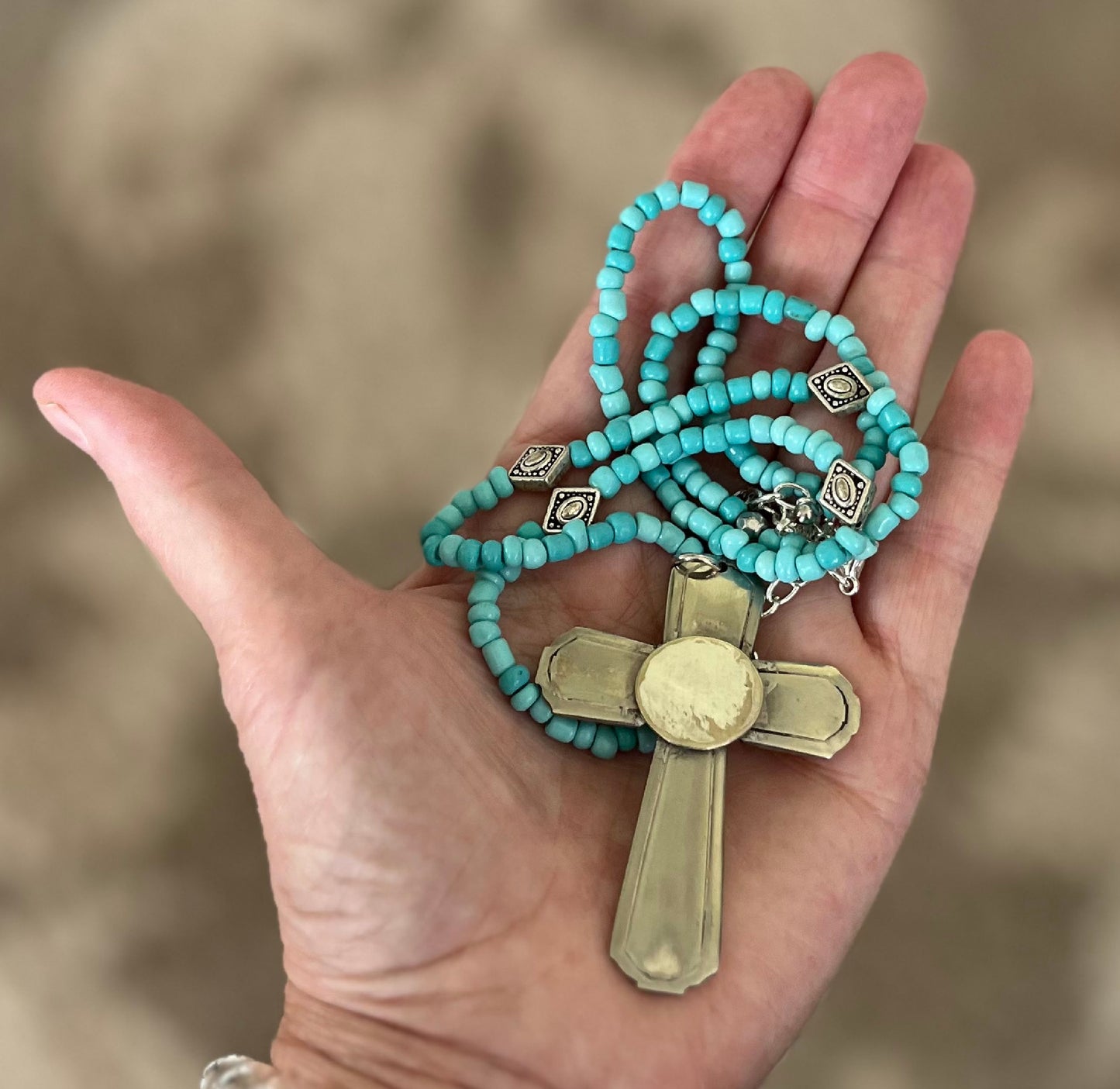 Silverware Cross Necklace on Long Necklace of Turquoise Glass Beads - #4124