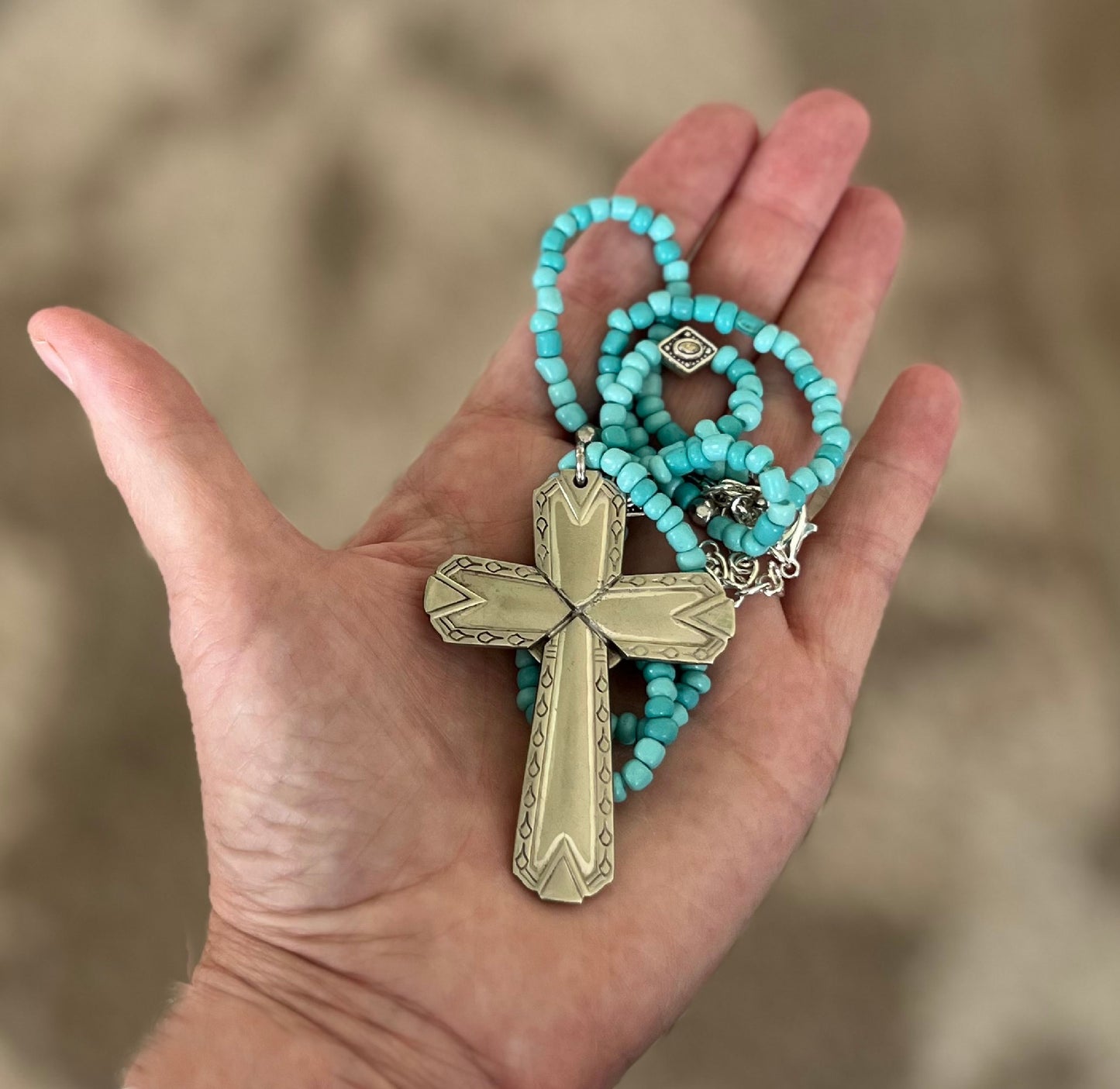 Silverware Cross Necklace on Long Necklace of Turquoise Glass Beads - #4124