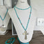 Silverware Cross Necklace on Long Necklace of Turquoise Glass Beads - #4124