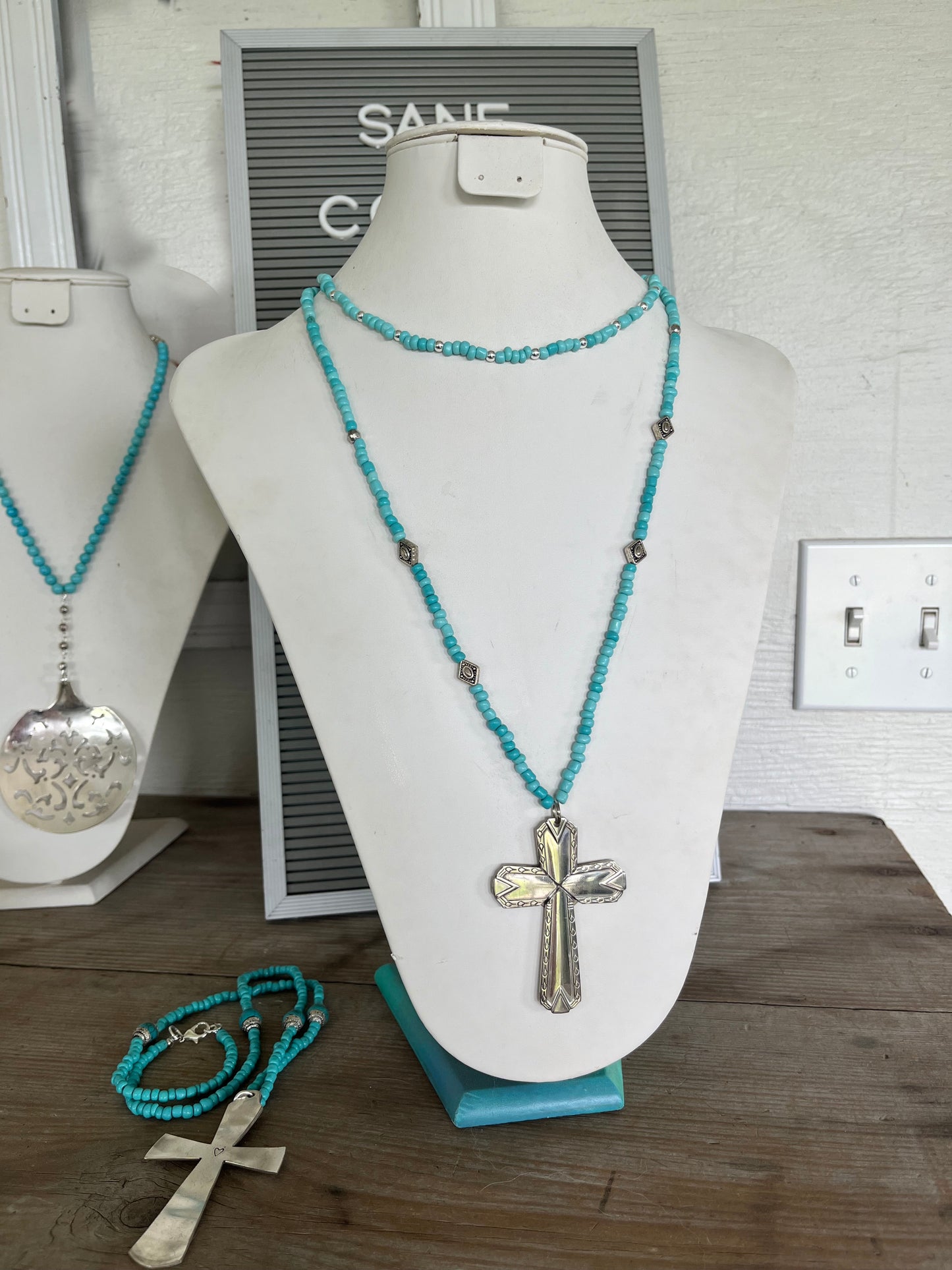 Silverware Cross Necklace on Long Necklace of Turquoise Glass Beads - #4124