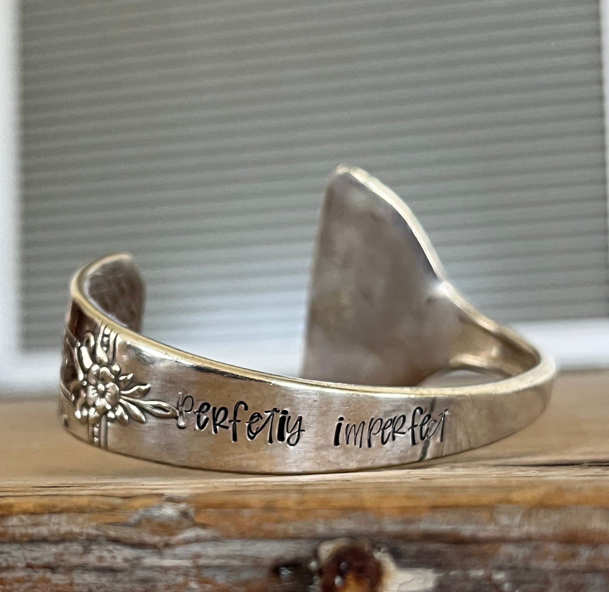 Perfectly imperfect hand-stamped spoon cuff bracelet with vintage floral engraving - upcycled silverware cuff bracelet - handcrafted from upcycled vintage silverware - Laughing Frog Studio