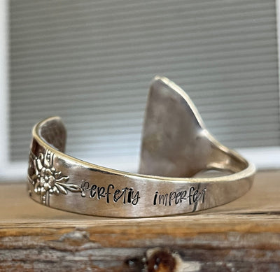 Perfectly imperfect hand-stamped spoon cuff bracelet with vintage floral engraving - upcycled silverware cuff bracelet - handcrafted from upcycled vintage silverware - Laughing Frog Studio
