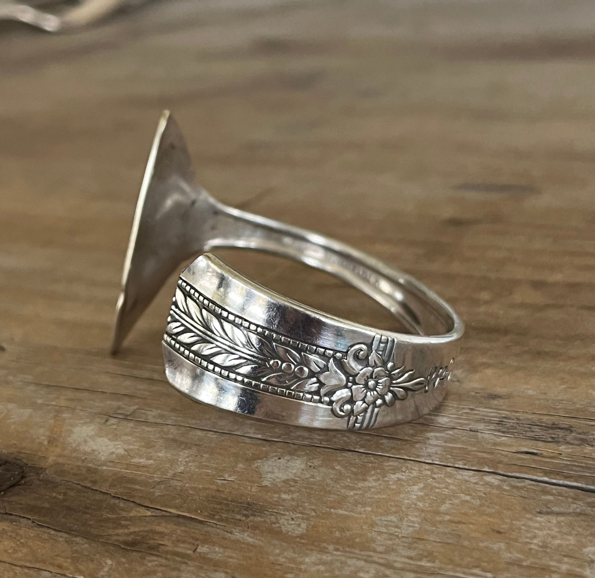 Vintage floral engraving of Romford perfectly imperfect hand-stamped spoon cuff bracelet - upcycled silverware cuff bracelet - handcrafted from upcycled vintage silverware - Laughing Frog Studio