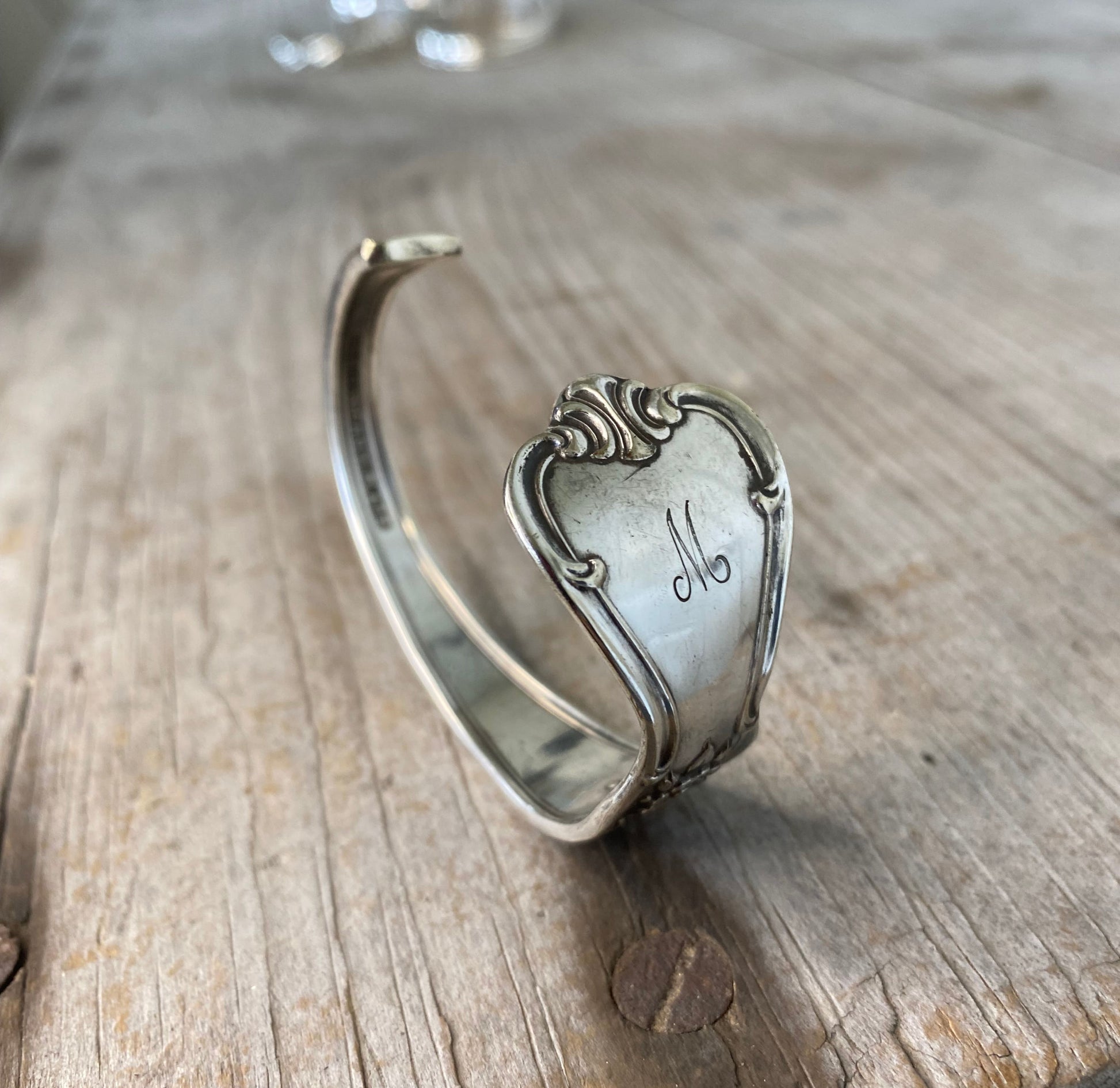 Underside view of Monogrammed Spoon cuff bracelet - handcrafted from upcycled vintage silverware - Laughing Frog Studio