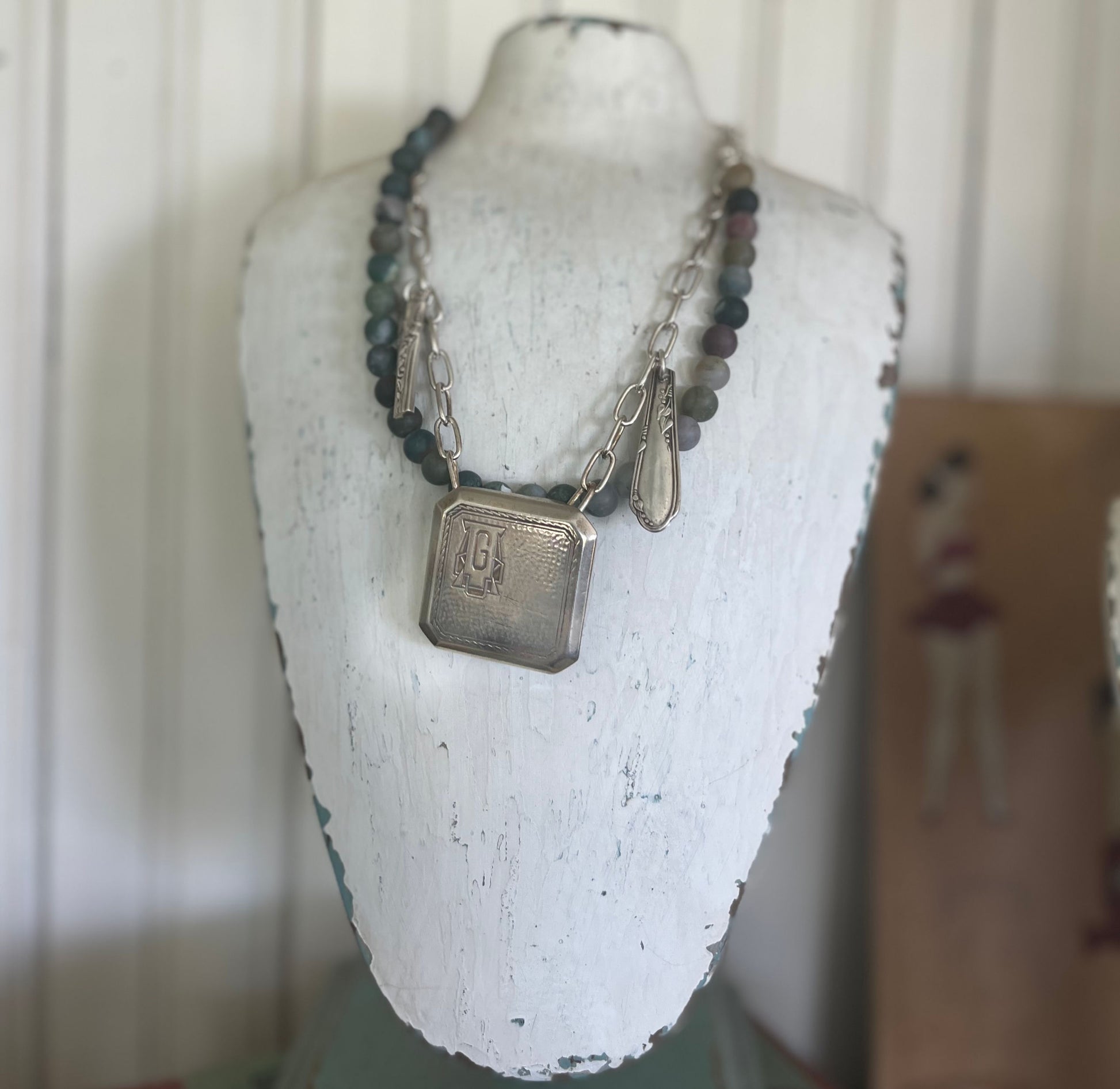 Eco-friendly upcycled vintage 1920s silverplate belt buckle statement necklace with silverware accents - handmade artisan design