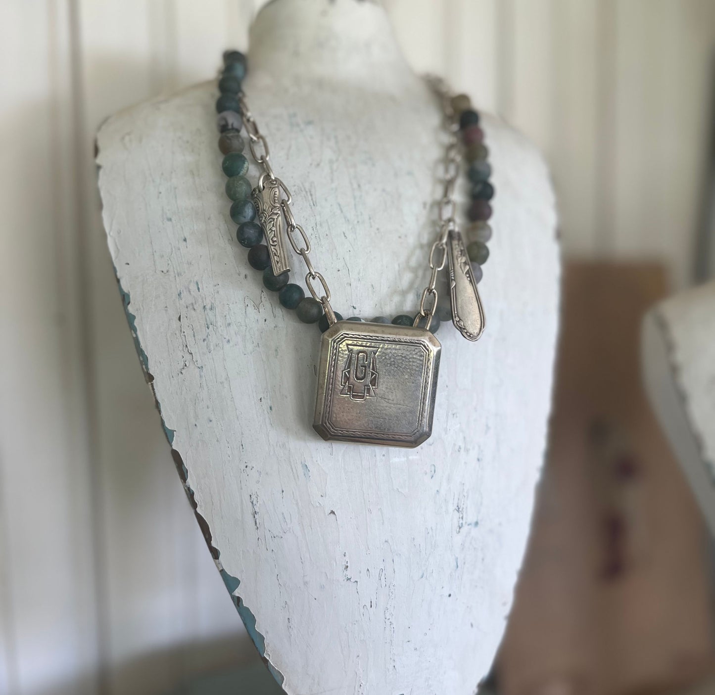 Premium handcrafted 1920s monogram G belt buckle necklace featuring vintage silverware bits - unique upcycled jewelry