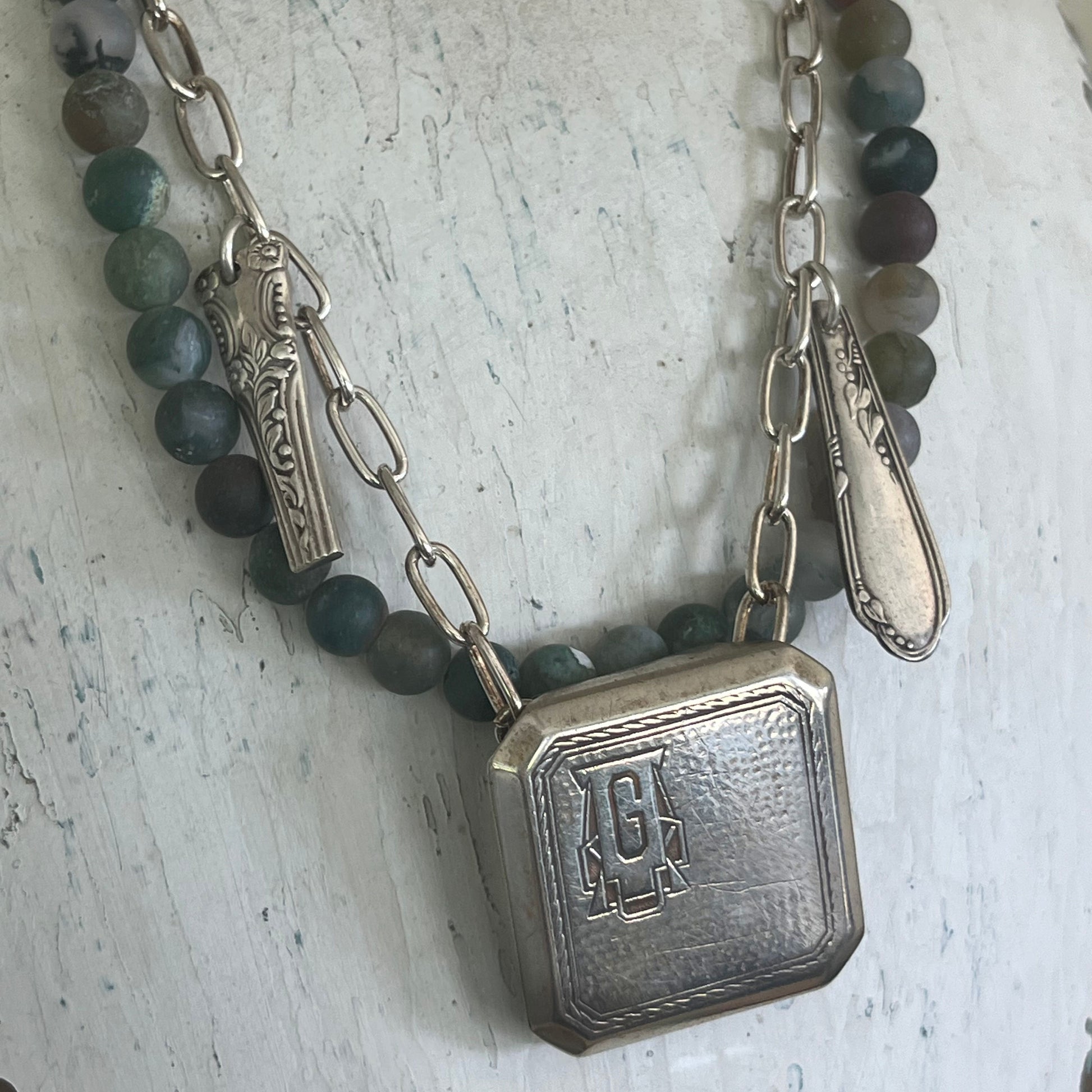Upcycled 1920s silverplate monogram G belt buckle statement necklace with vintage silverware bits - handmade artisan jewelry