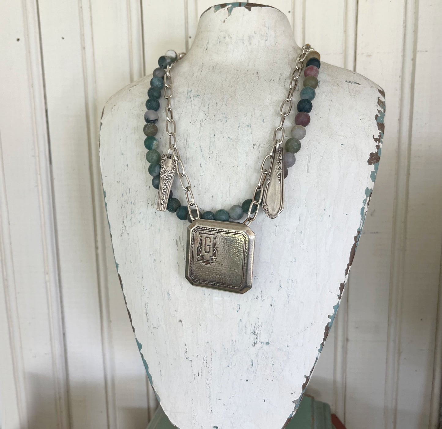 Handcrafted upcycled 1920s monogram G belt buckle necklace with vintage silverware bits - premium artisan jewelry