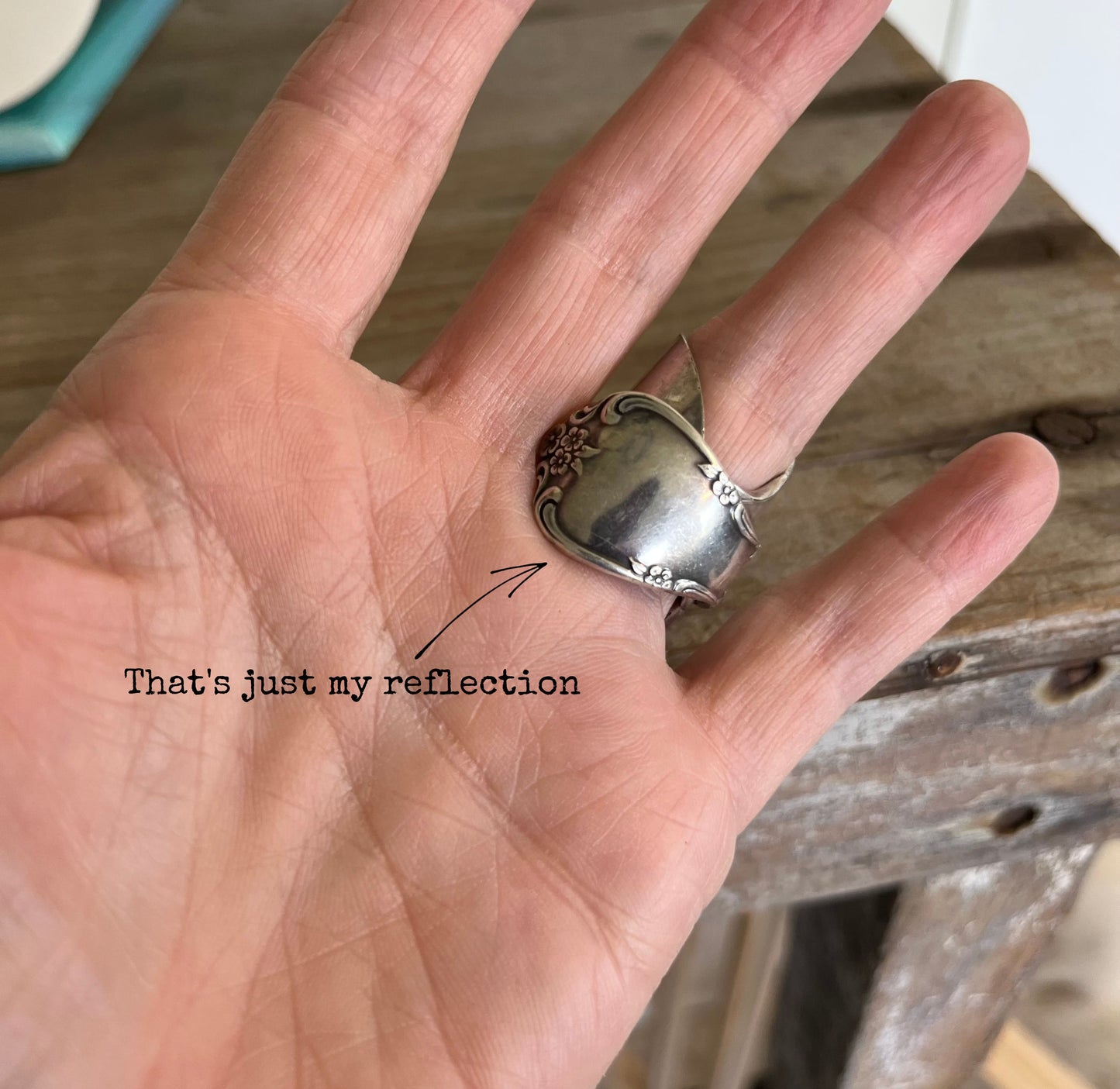 Underneath side of AFFECTION full spoon ring made from upcycled baby spoon 
