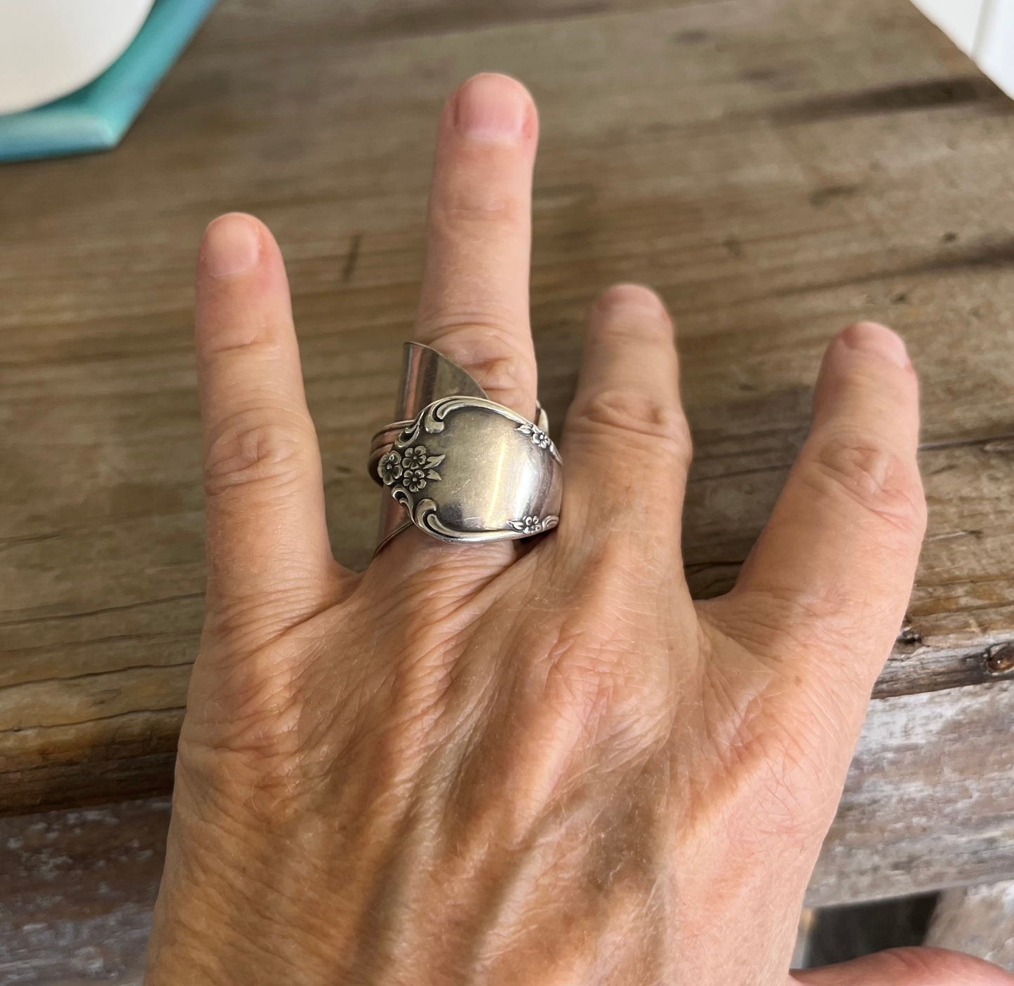 AFFECTION pattern full spoon ring displaying unique upcycled baby spoon design
