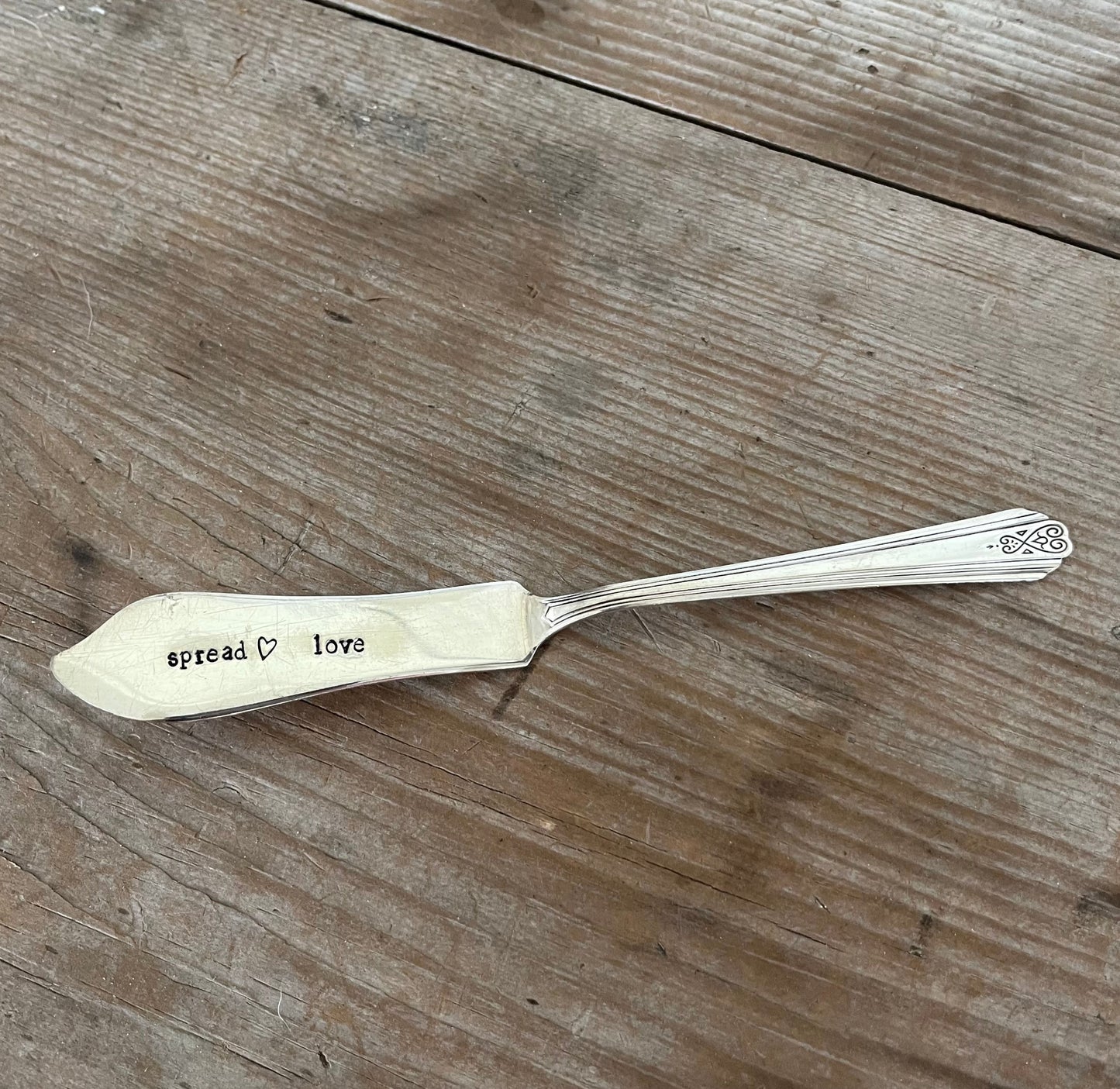 SPREAD LOVE hand-stamped spreader knife made from upcycled vintage silverware