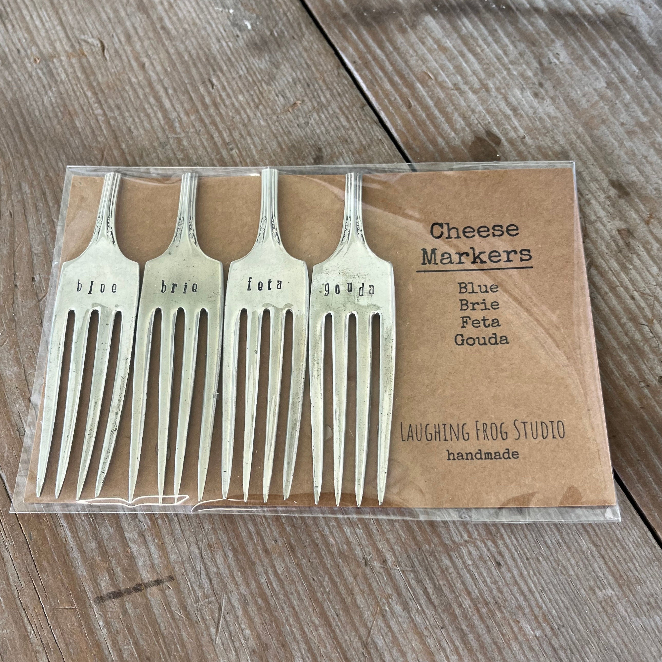 Upcycled vintage fork cheese markers set of 4 - hand-stamped with modern slim font - mismatched antique silverware hostess gift