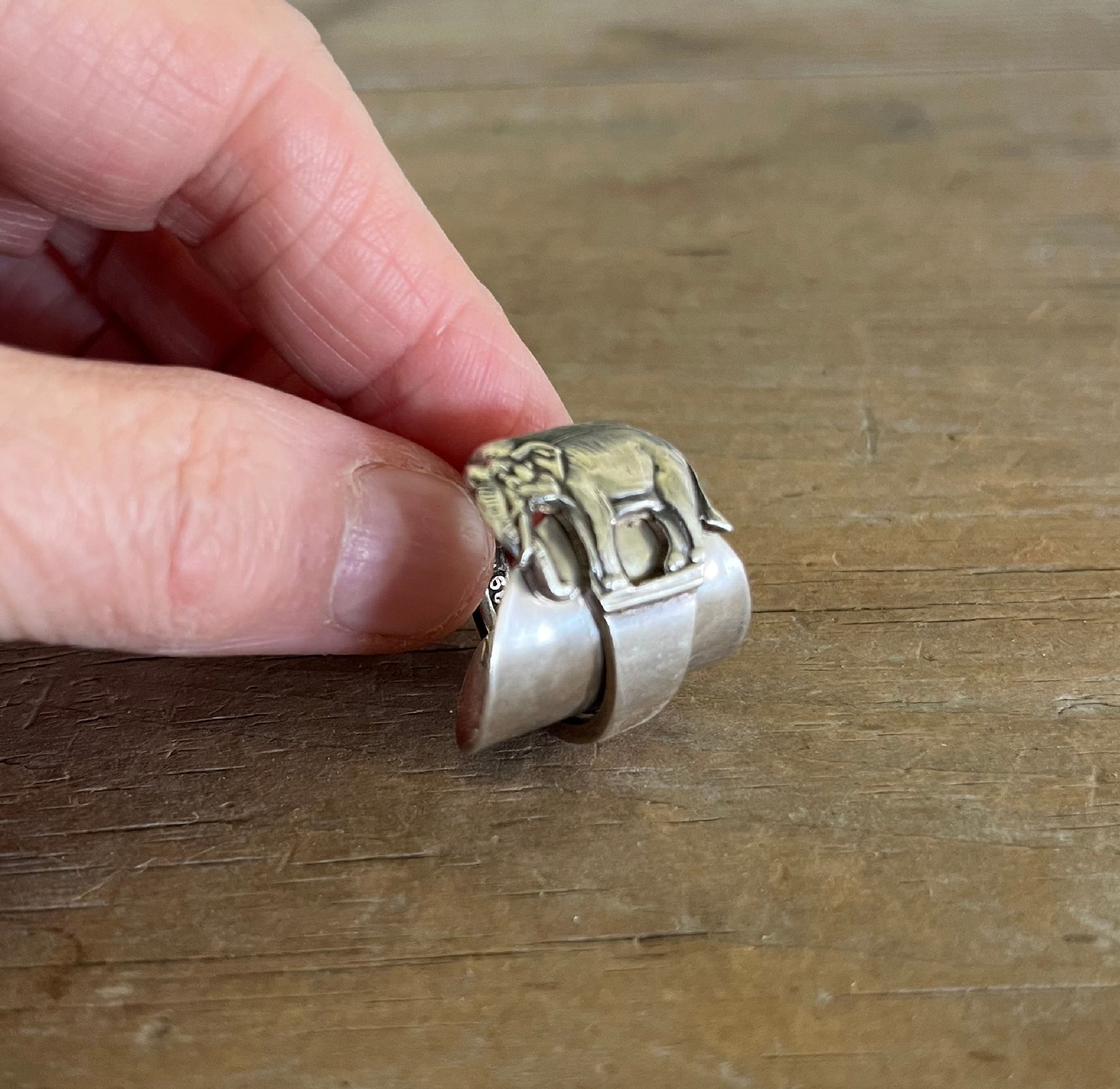 Close up of elephant sterling silver elephant demitasse spoon ring - handcrafted from upcycled vintage silverware - Laughing Frog Studio