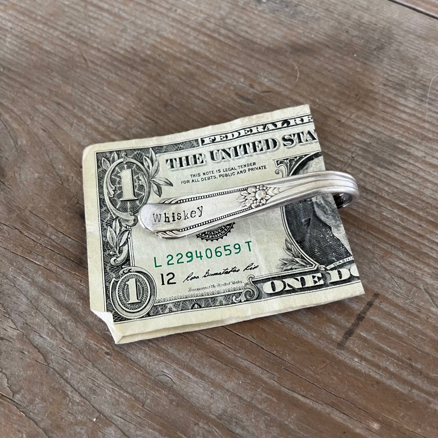 Handcrafted spoon money clip WHISKEY showing Memory Hiawatha pattern detail