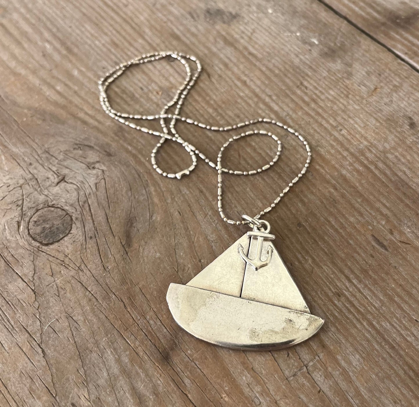 Handcrafted sailboat necklace made from upcycled vintage silverplate teaspoon bowls with anchor charm, one-of-a-kind nautical jewelry 