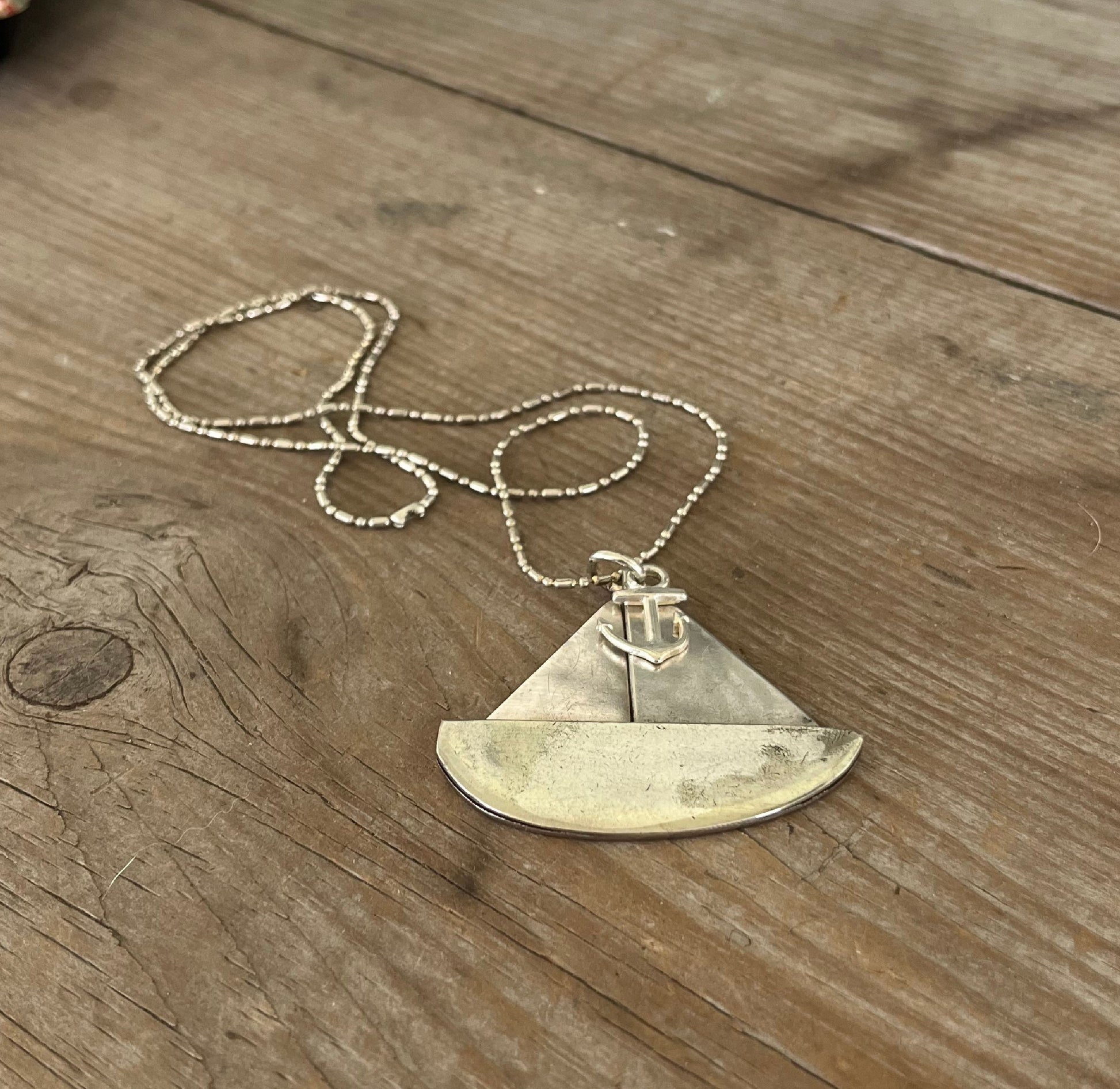 Upcycled silverplate spoon sailboat necklace or keychain, handcrafted one-of-a-kind nautical gift for ocean and sailing lovers