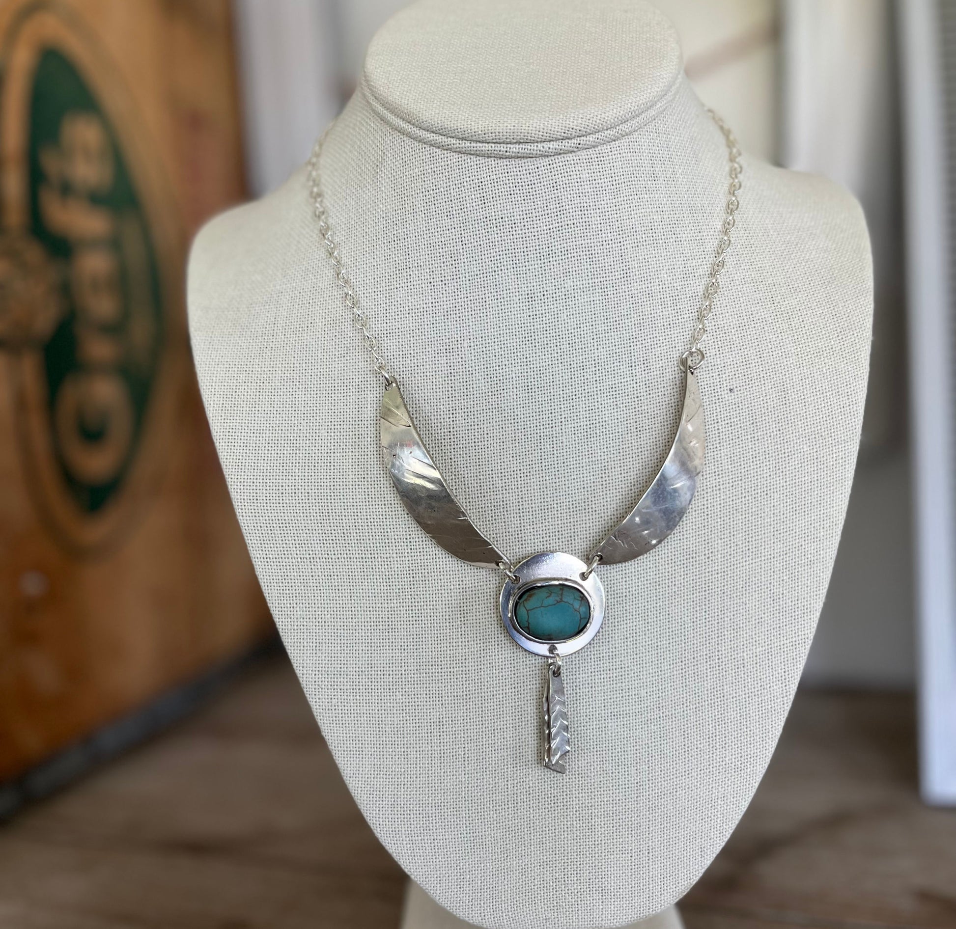 Southwestern Native Wings necklace with feather design - artisan vintage silverware jewelry