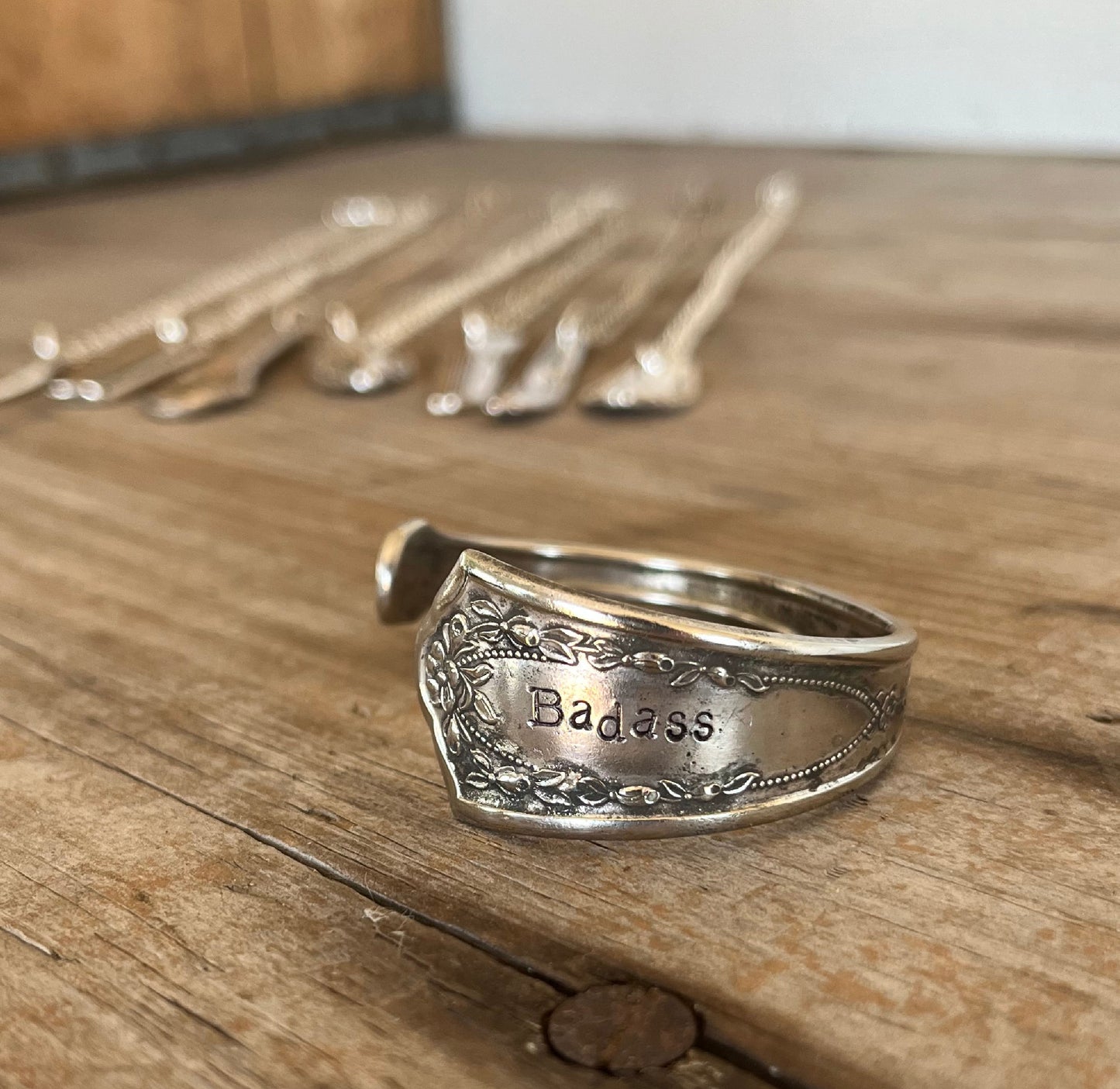 Hand-stamped spoon cuff bracelet from vintage elegant design Bride pattern with BADASS message