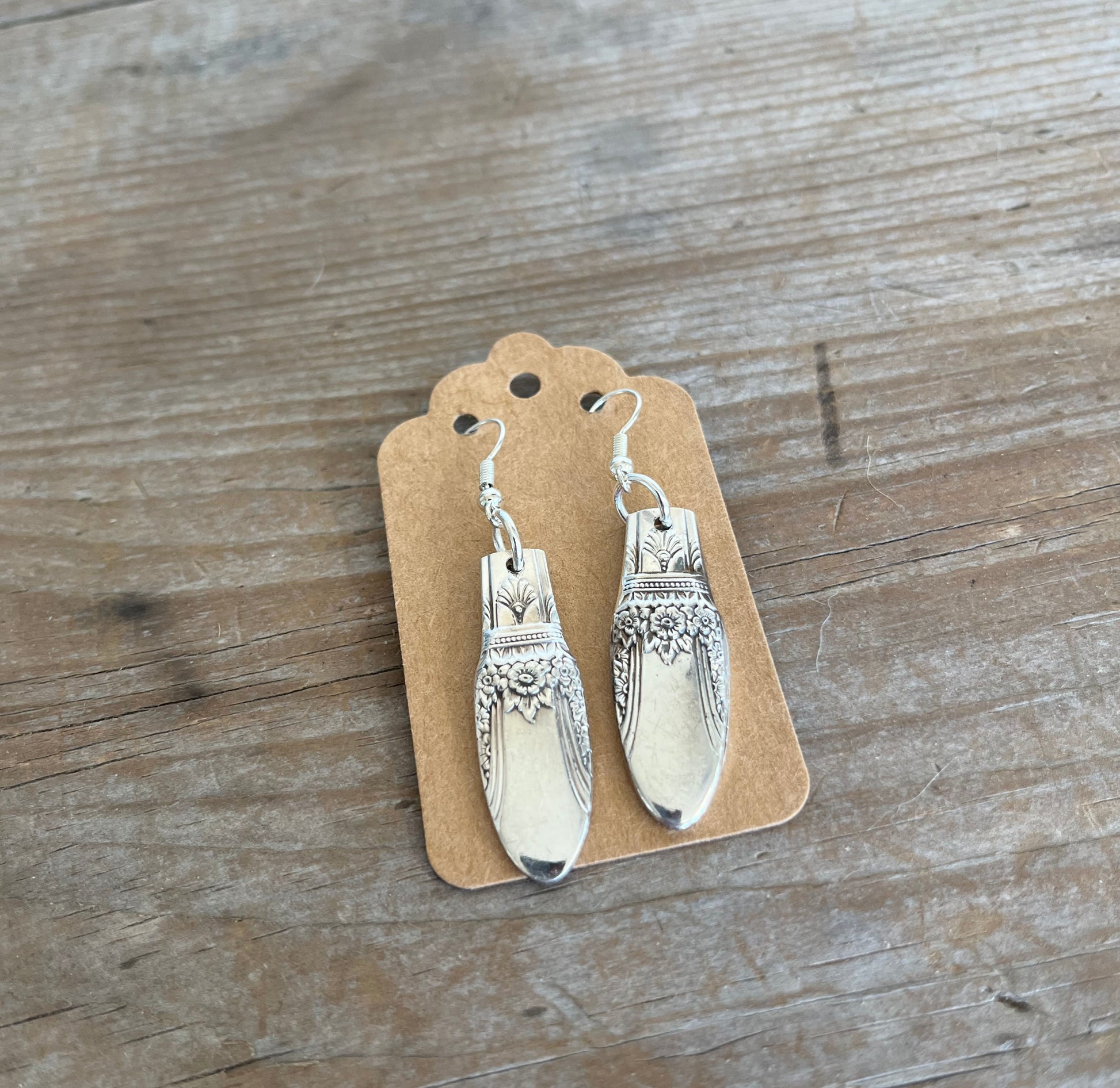 ETERNALLY YOURS pattern spoon earrings on display card - Spoon Earrings - handcrafted from upcycled vintage silverware - Laughing Frog Studio