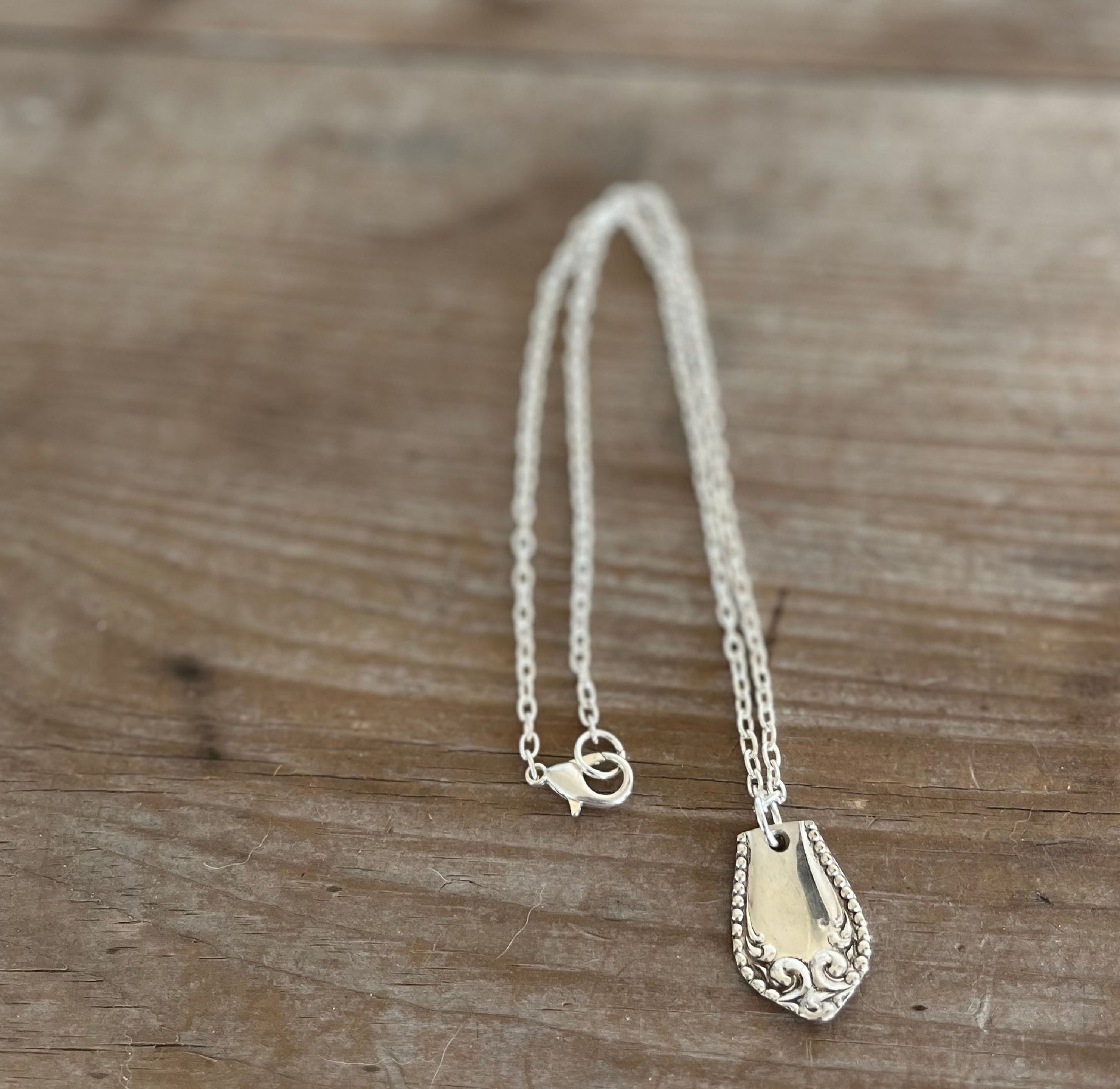 Upcycled Pearl Fenwick spoon handle necklace on adjustable 18-inch silverplate chain, one-of-a-kind antique Stratford Silver Co. jewelry