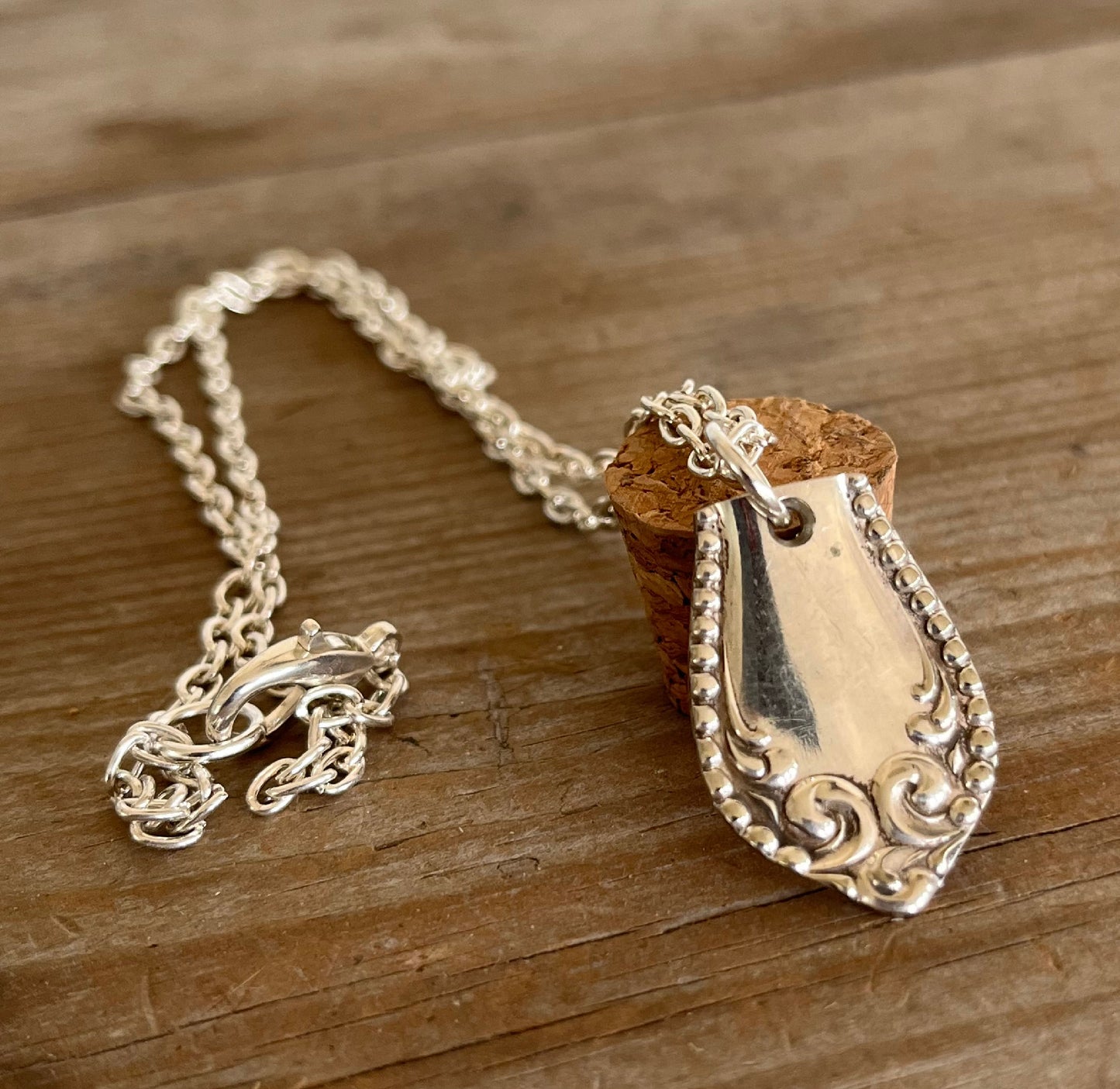 Vintage 1898 Pearl Fenwick spoon handle pendant necklace by Stratford Silver Co., handcrafted upcycled silverplate jewelry 