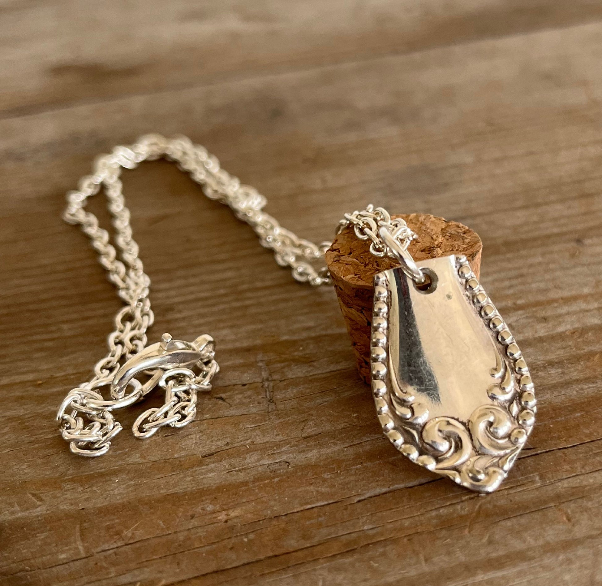 Vintage 1898 Pearl Fenwick spoon handle pendant necklace by Stratford Silver Co., handcrafted upcycled silverplate jewelry 