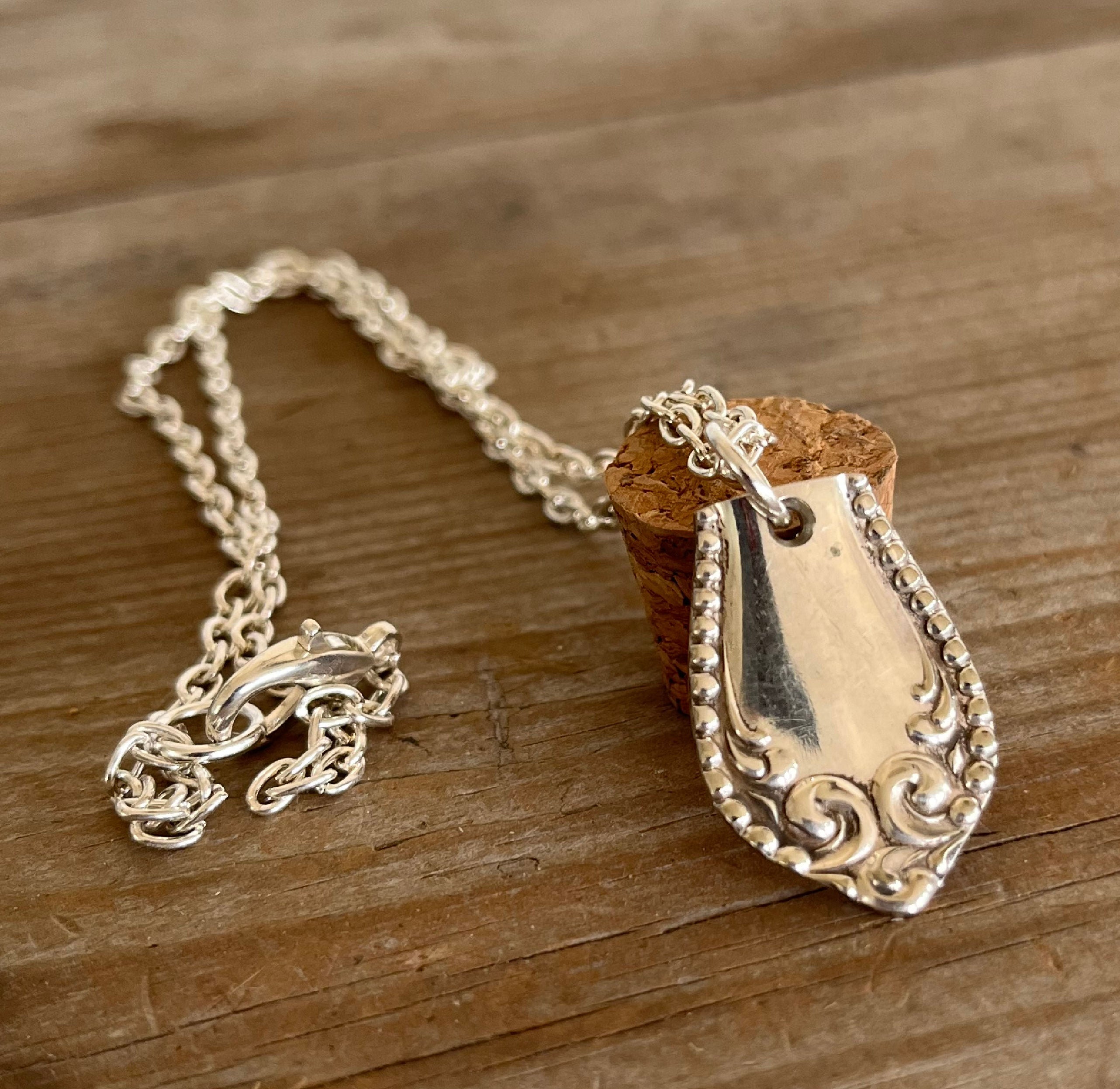 Vintage 1898 Pearl Fenwick spoon handle pendant necklace by Stratford Silver Co., handcrafted upcycled silverplate jewelry 