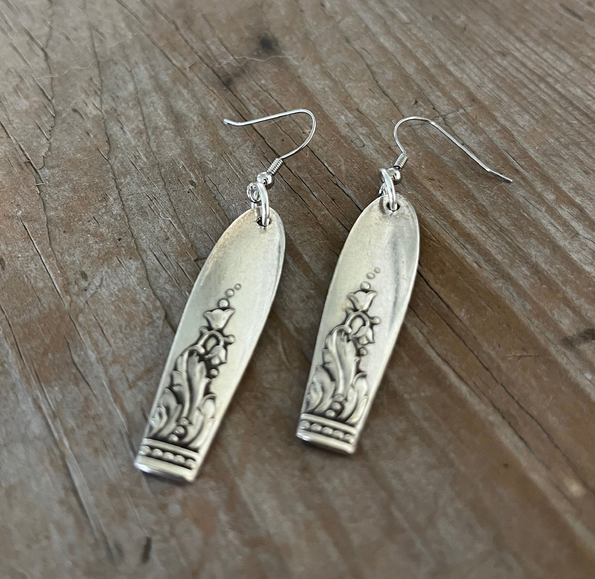 Handmade spoon earrings with Snow Drop floral design from 1940s upcycled vintage silverware