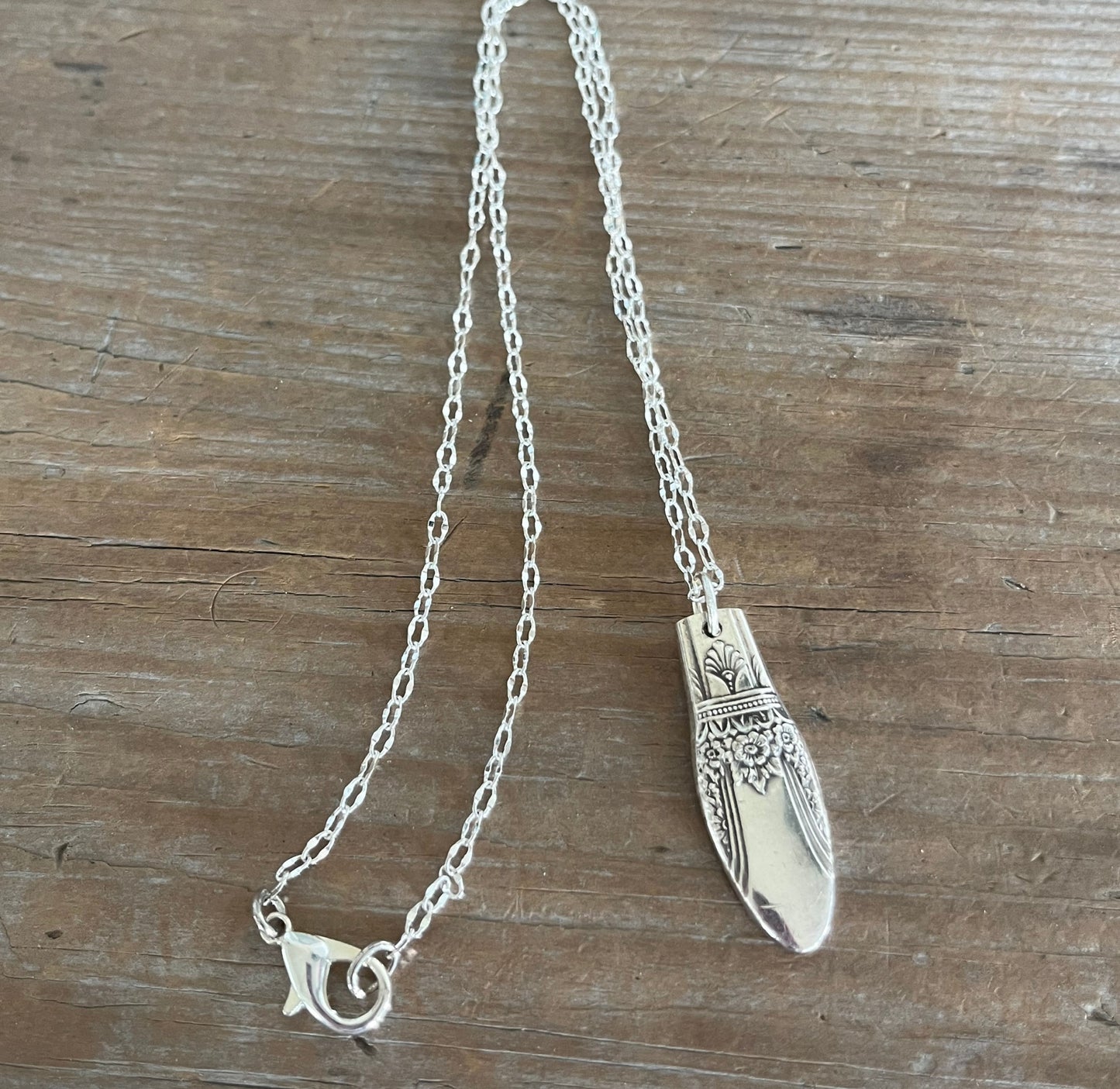 1847 Rogers First Love pattern spoon pendant necklace on 20" chain - handcrafted from upcycled vintage silverware - Laughing Frog Studio