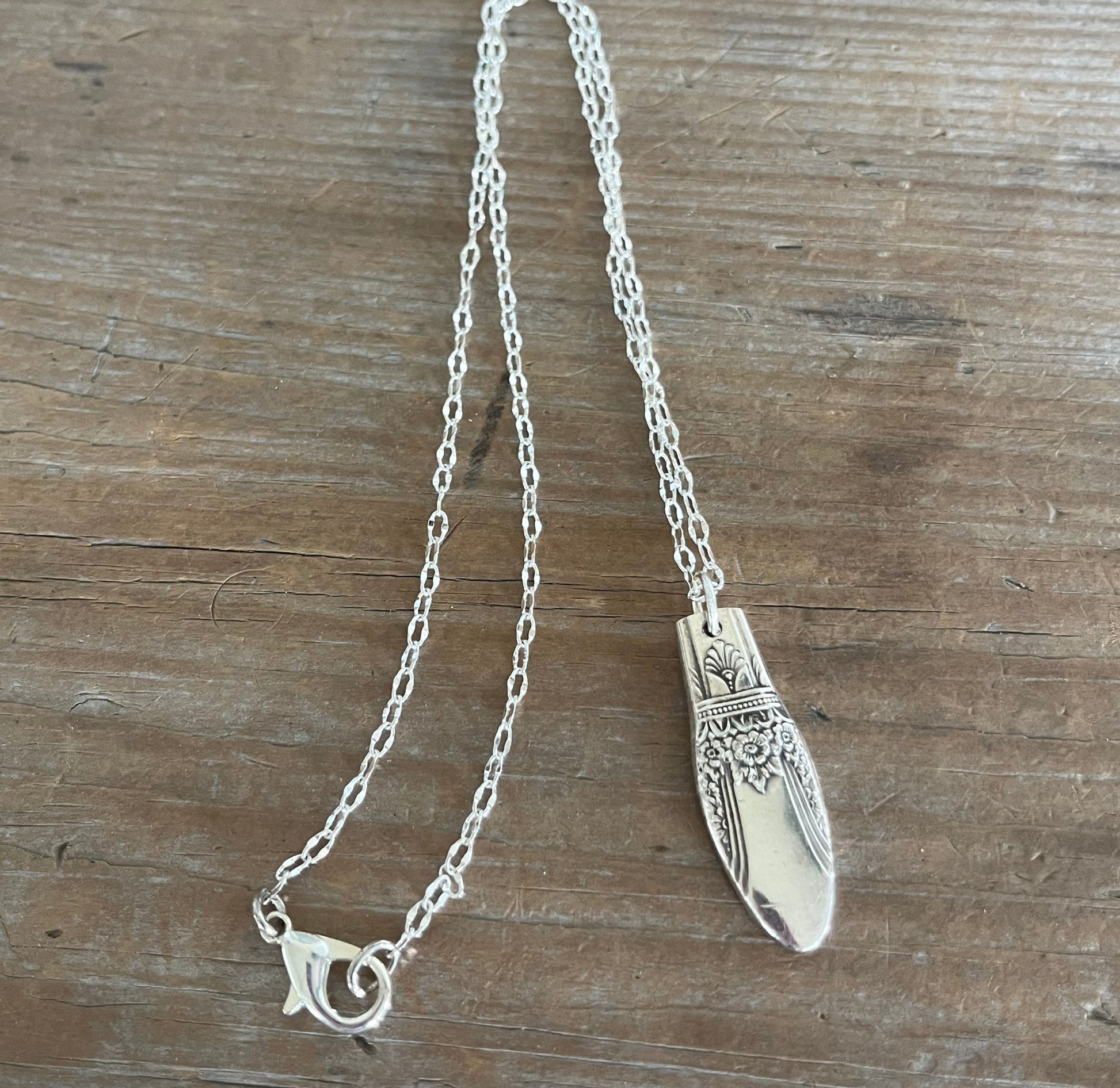 1847 Rogers First Love pattern spoon pendant necklace on 20" chain - handcrafted from upcycled vintage silverware - Laughing Frog Studio