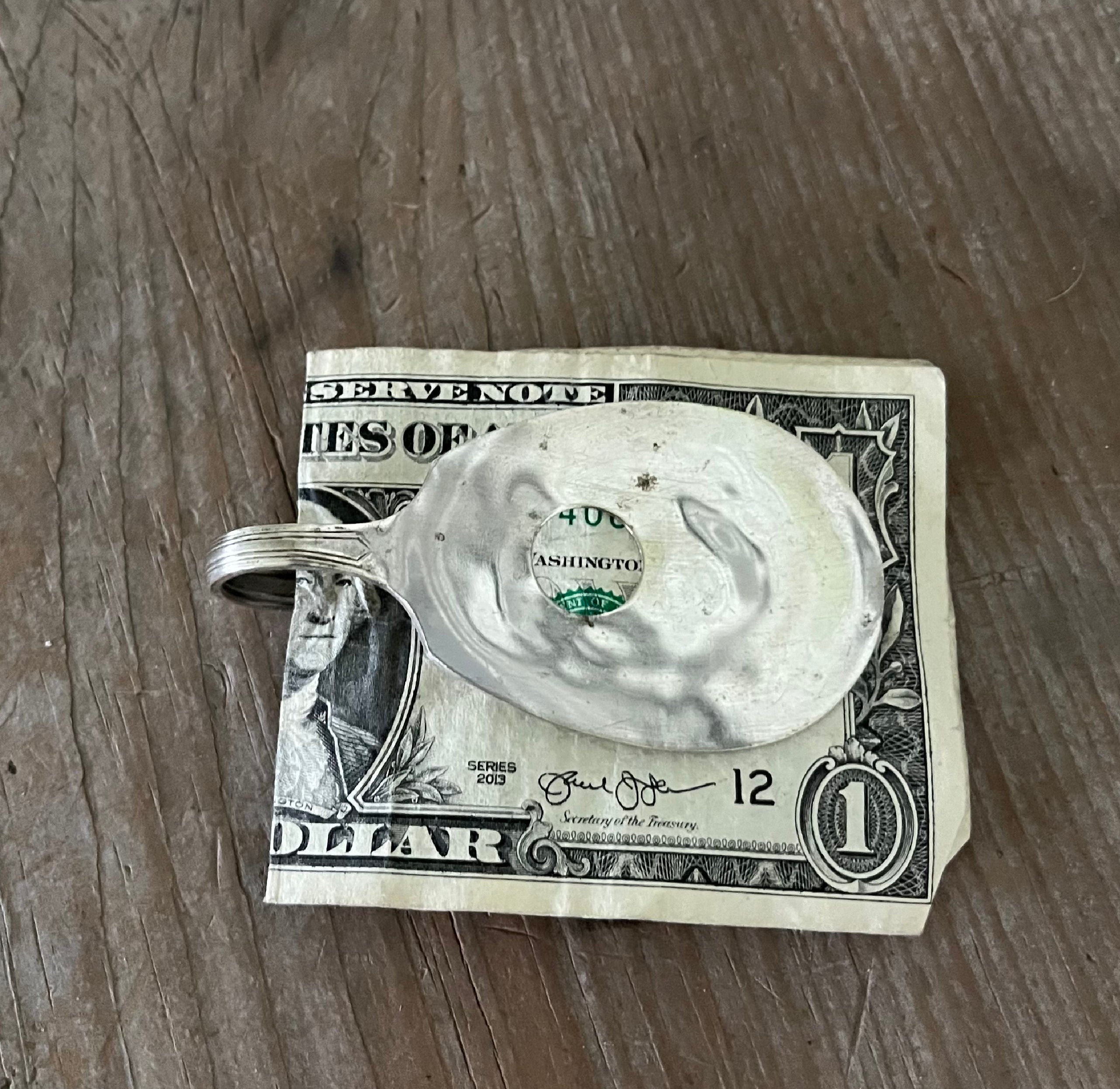 Guitar money clip handcrafted from upcycled vintage silverware spoon 1940 Moderne pattern holding dollar bills