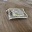 Side view of guitar money clip showing upcycled vintage silverware spoon with bent neck and clip mechanism