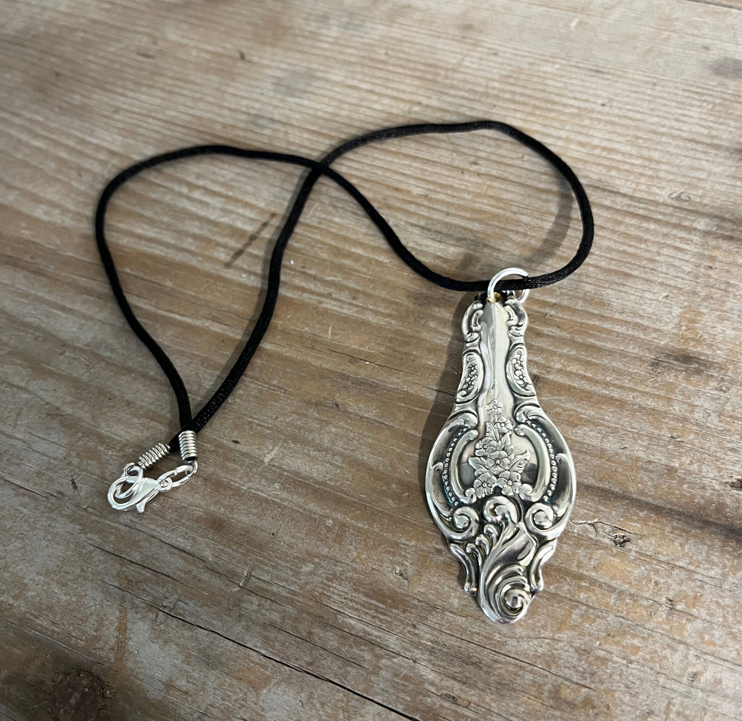 Vintage Wallace Silverplate Baroque ladle handle pendant necklace on black silk cord, bold upcycled statement jewelry 