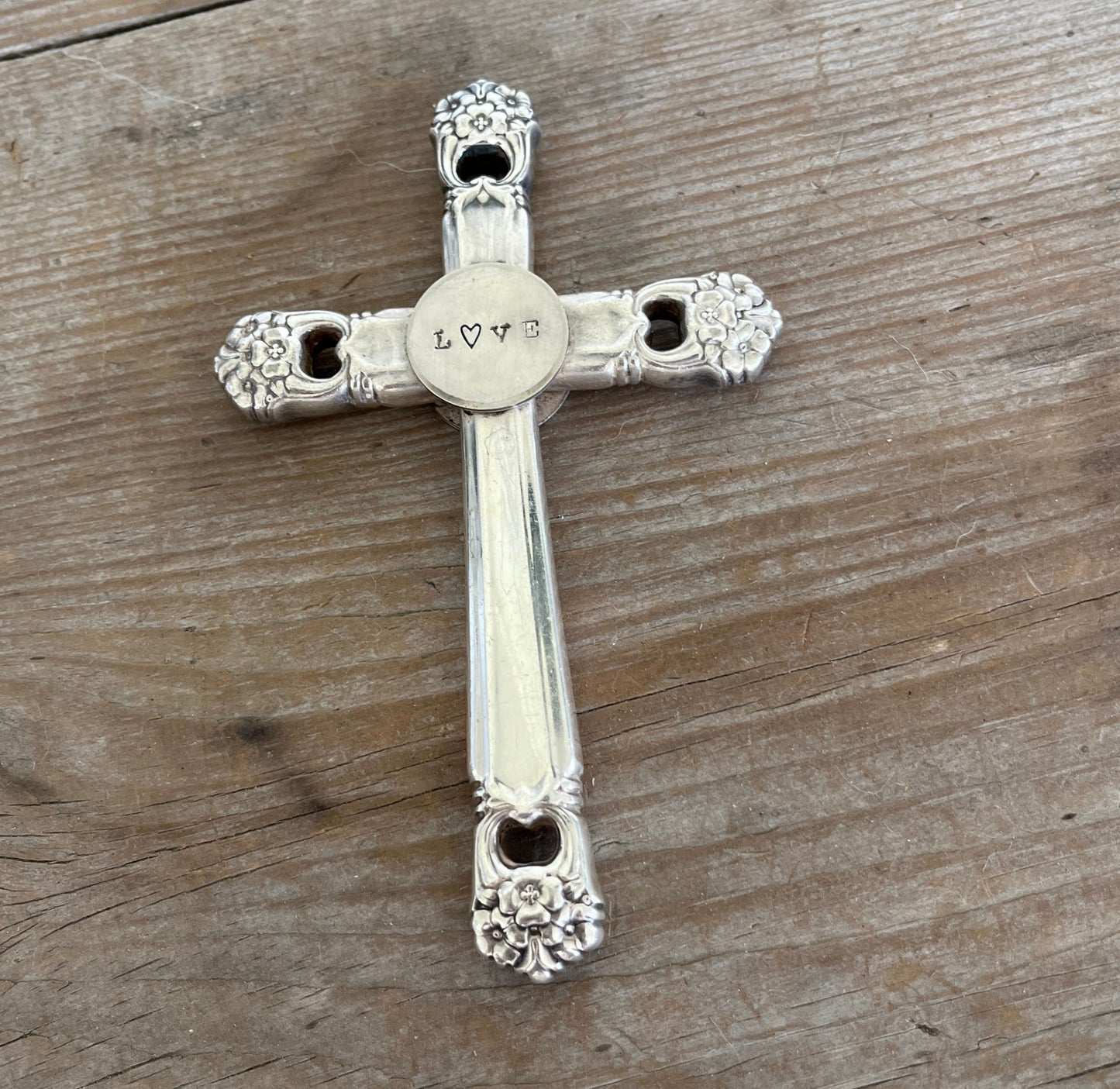 Handcrafted knife cross bible page weight made from vintage Eternally Yours silverware - upcycled bookmark