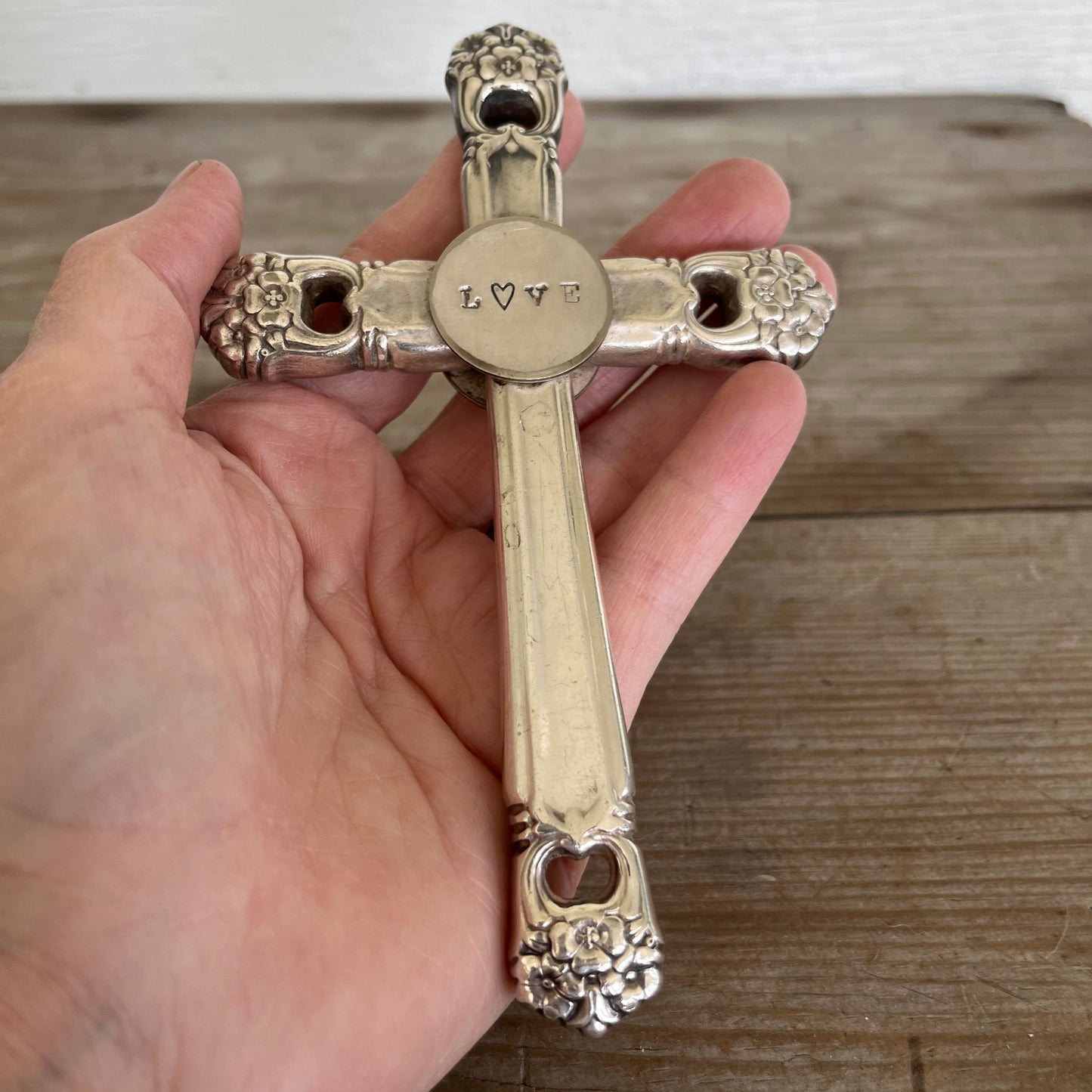 Detail of four-piece construction on Eternally Yours pattern knife cross made from vintage 1847 Rogers hollow handles