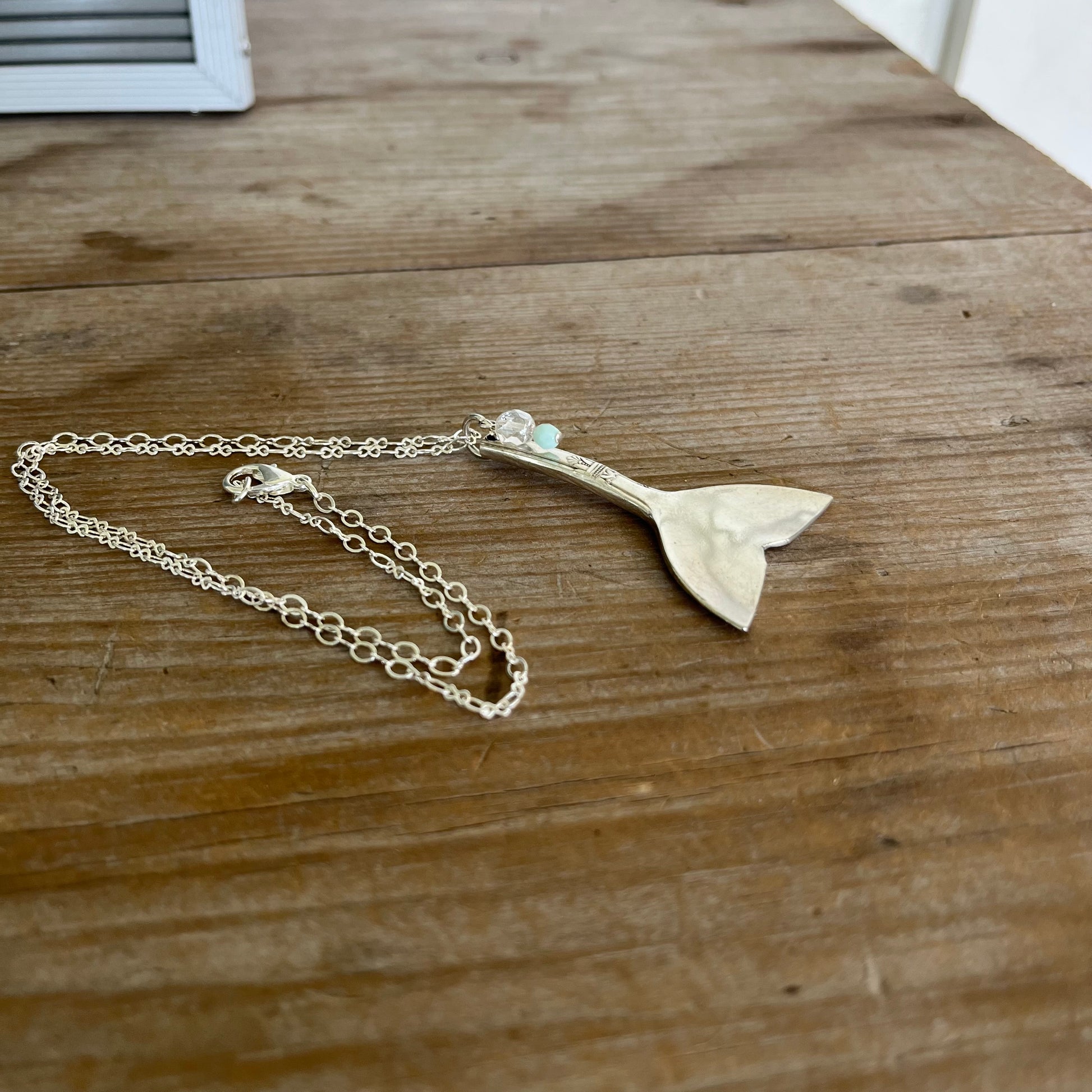Upcycled vintage silverplate spoon mermaid tail necklace with crystal and jadeite beads, handcrafted ocean jewelry 