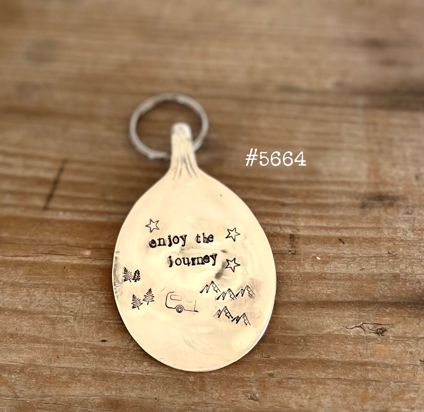 Upcycled vintage bullion spoon keychain with Enjoy the Journey inspirational hand-stamped message