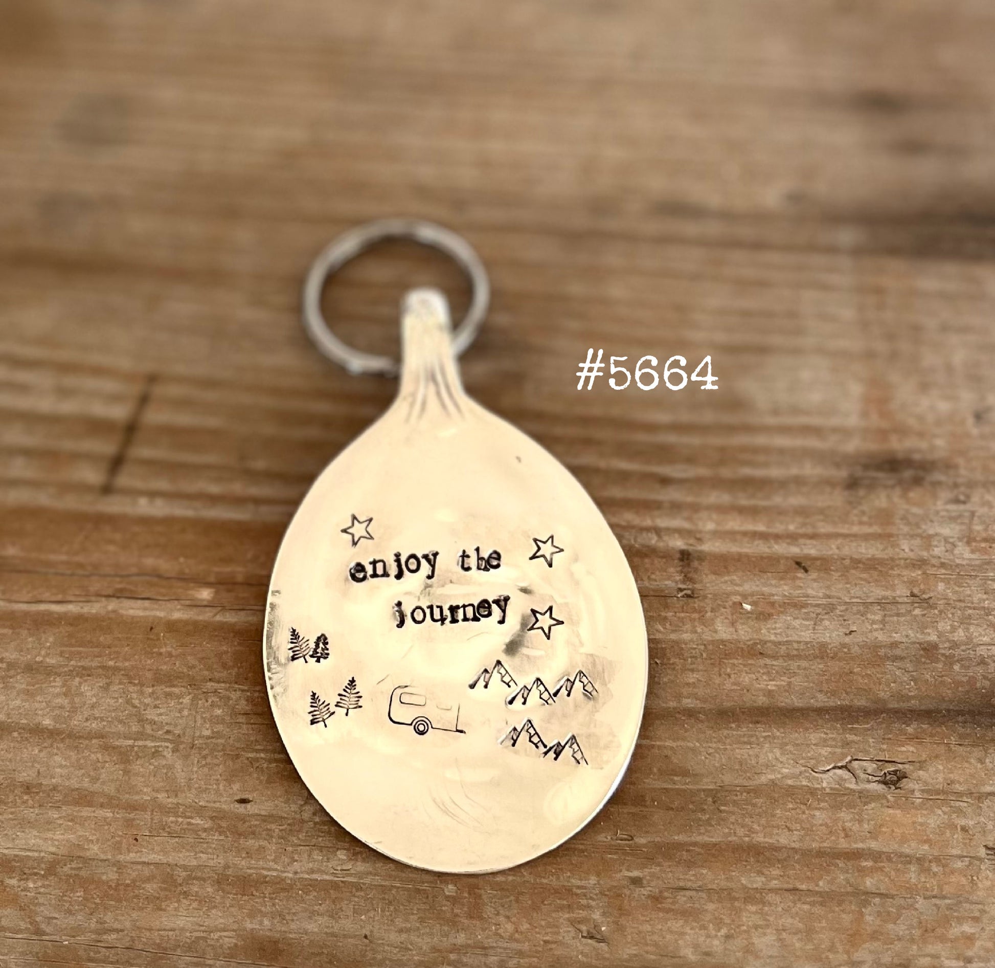 Upcycled vintage bullion spoon keychain with Enjoy the Journey inspirational hand-stamped message