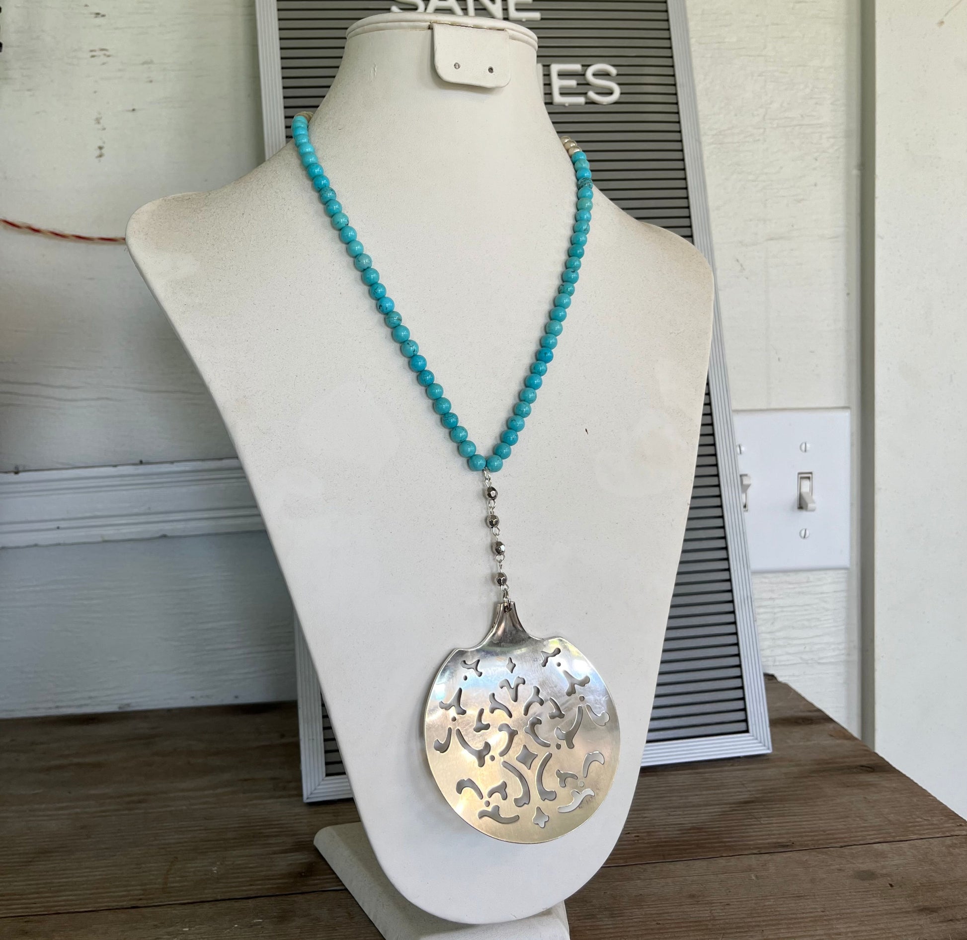Artisan lariat necklace featuring upcycled tomato server and turquoise magnesite beads - unique statement 
jewelry